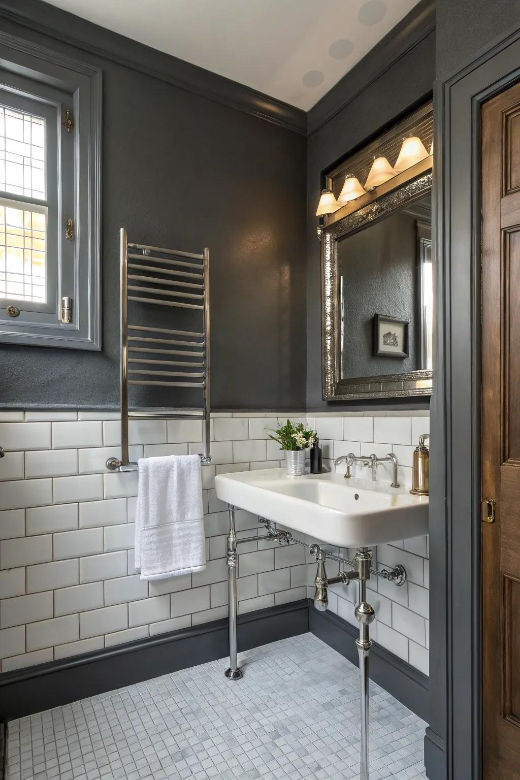 Charcoal grey walls add depth and drama to this stylish bathroom.