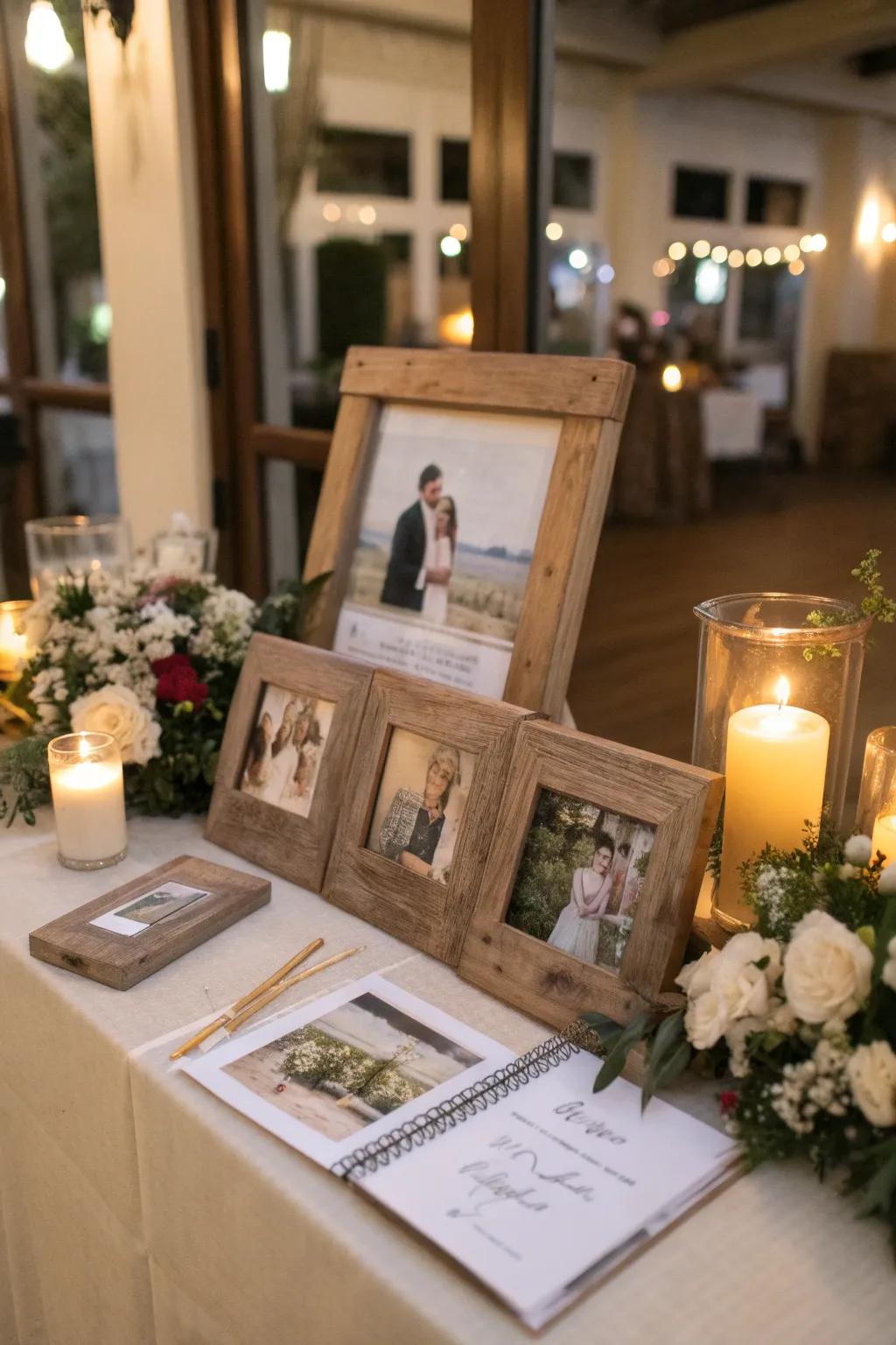 Rustic frames add a personal touch to the guest book table.