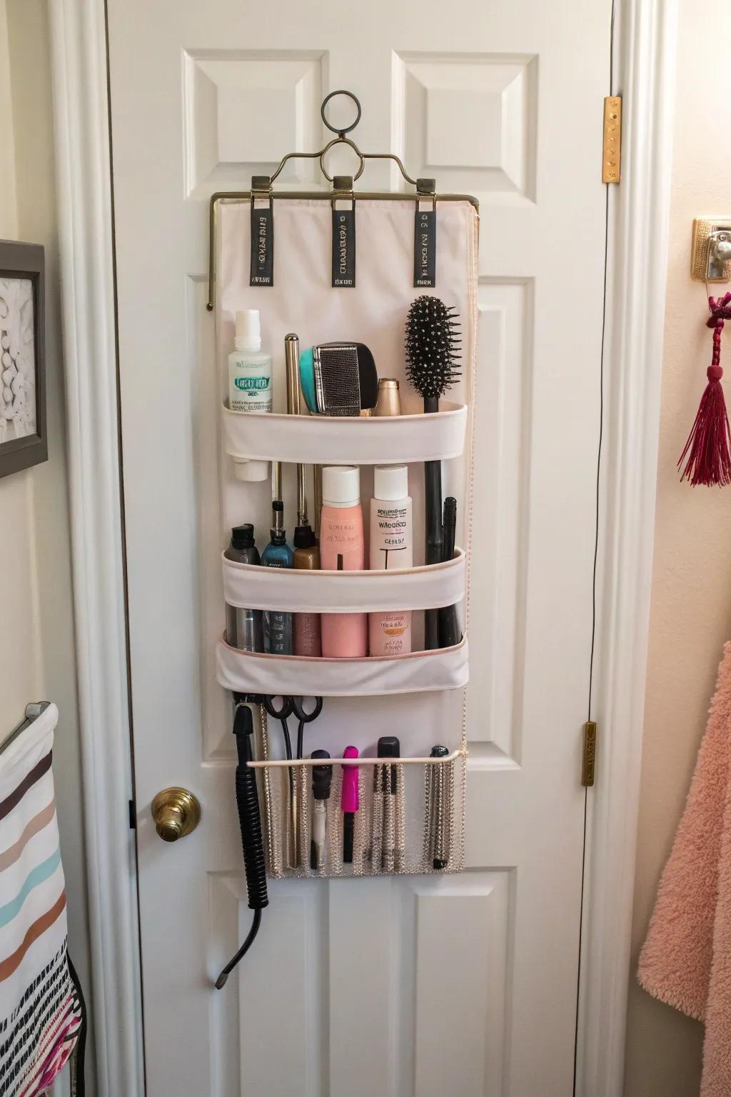 Maximize space with a handy over-the-door rack for hair essentials.