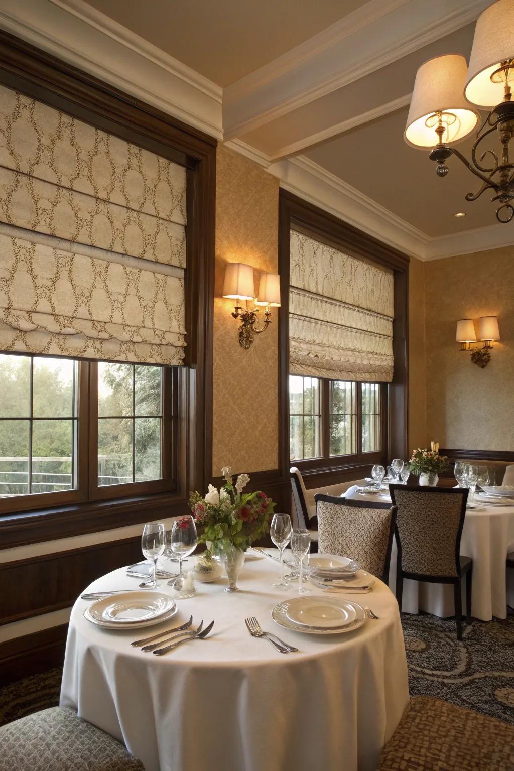 Elegant dining room with fabric Roman shades.