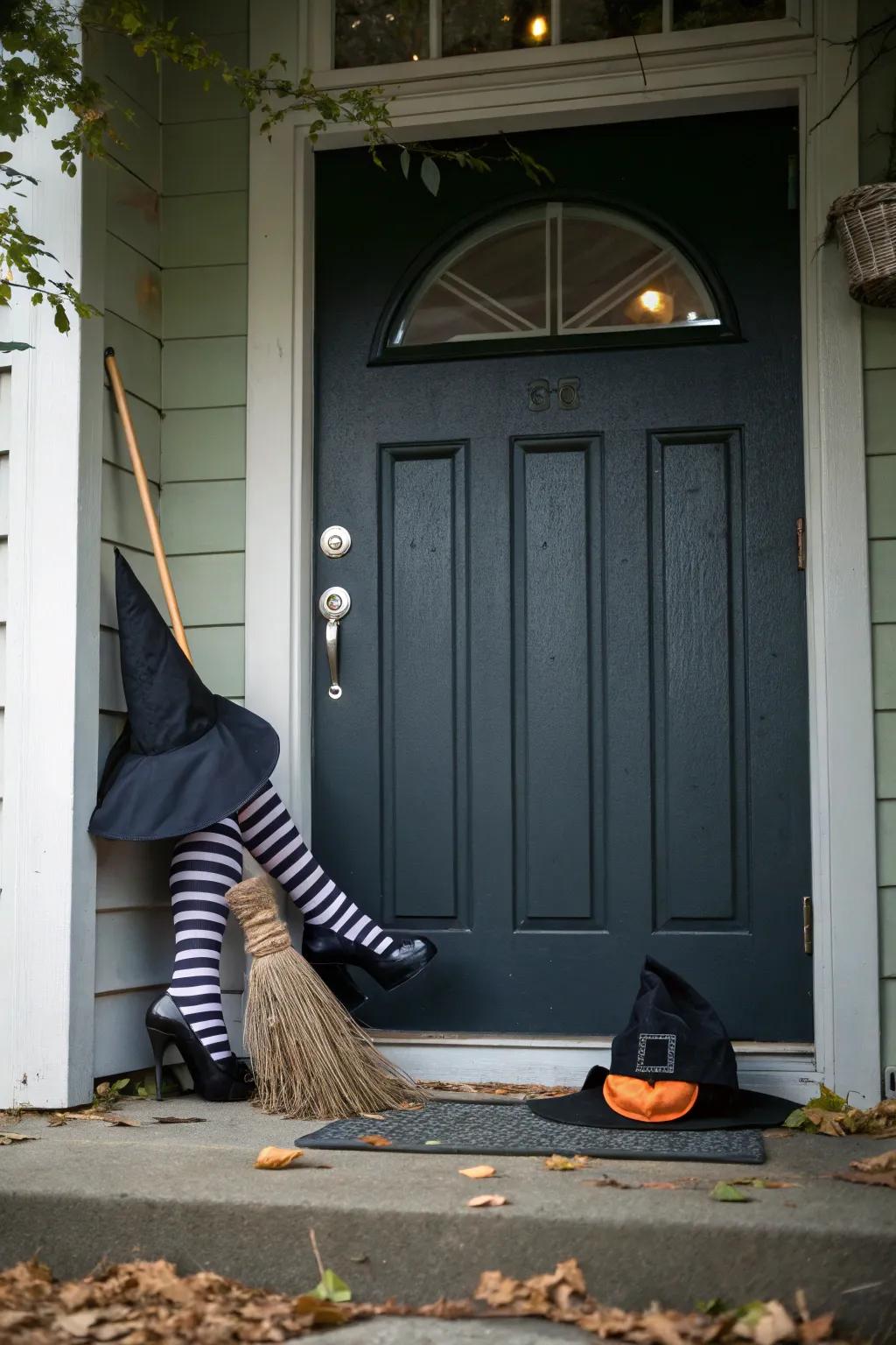 A witch's crash landing adds humor to your Halloween décor.