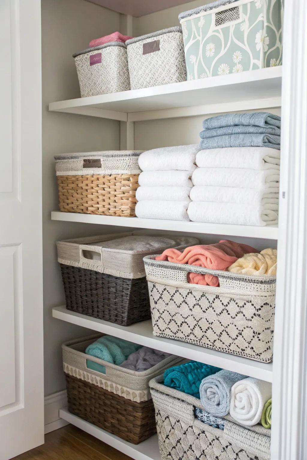 Baskets add charm and order to your linen closet.