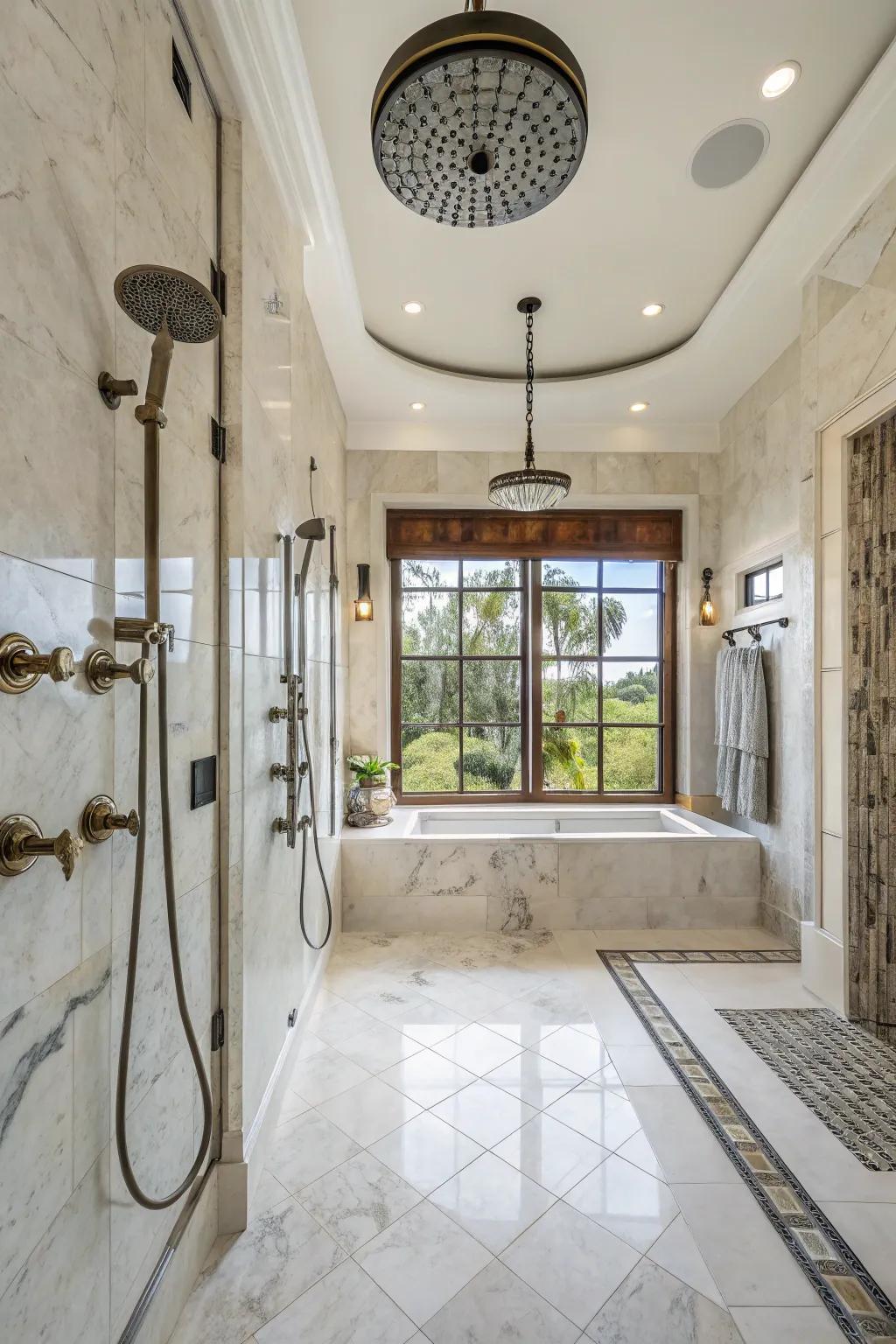 Combine a hand shower with an overhead rain shower for a luxurious feel.