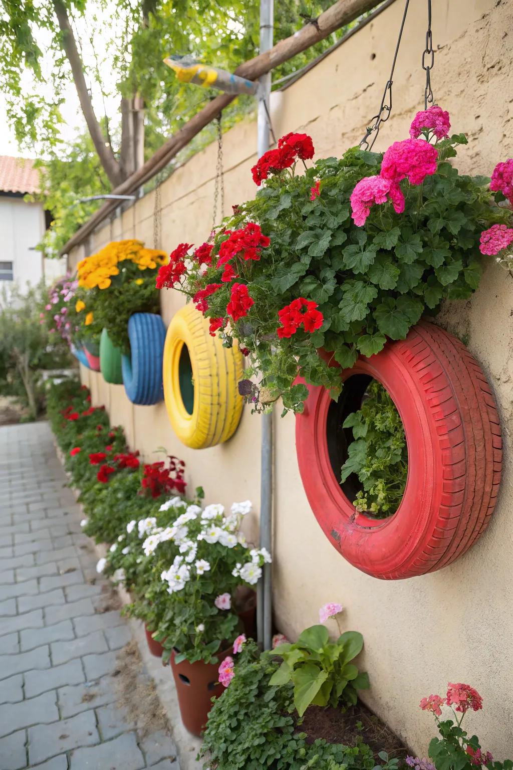 Upcycled tires give geraniums a playful home.