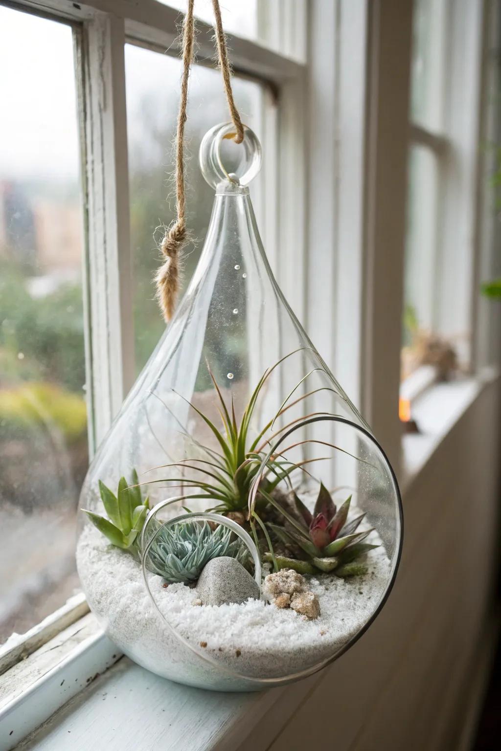 Teardrop terrarium with air plants, perfect for a sophisticated touch.