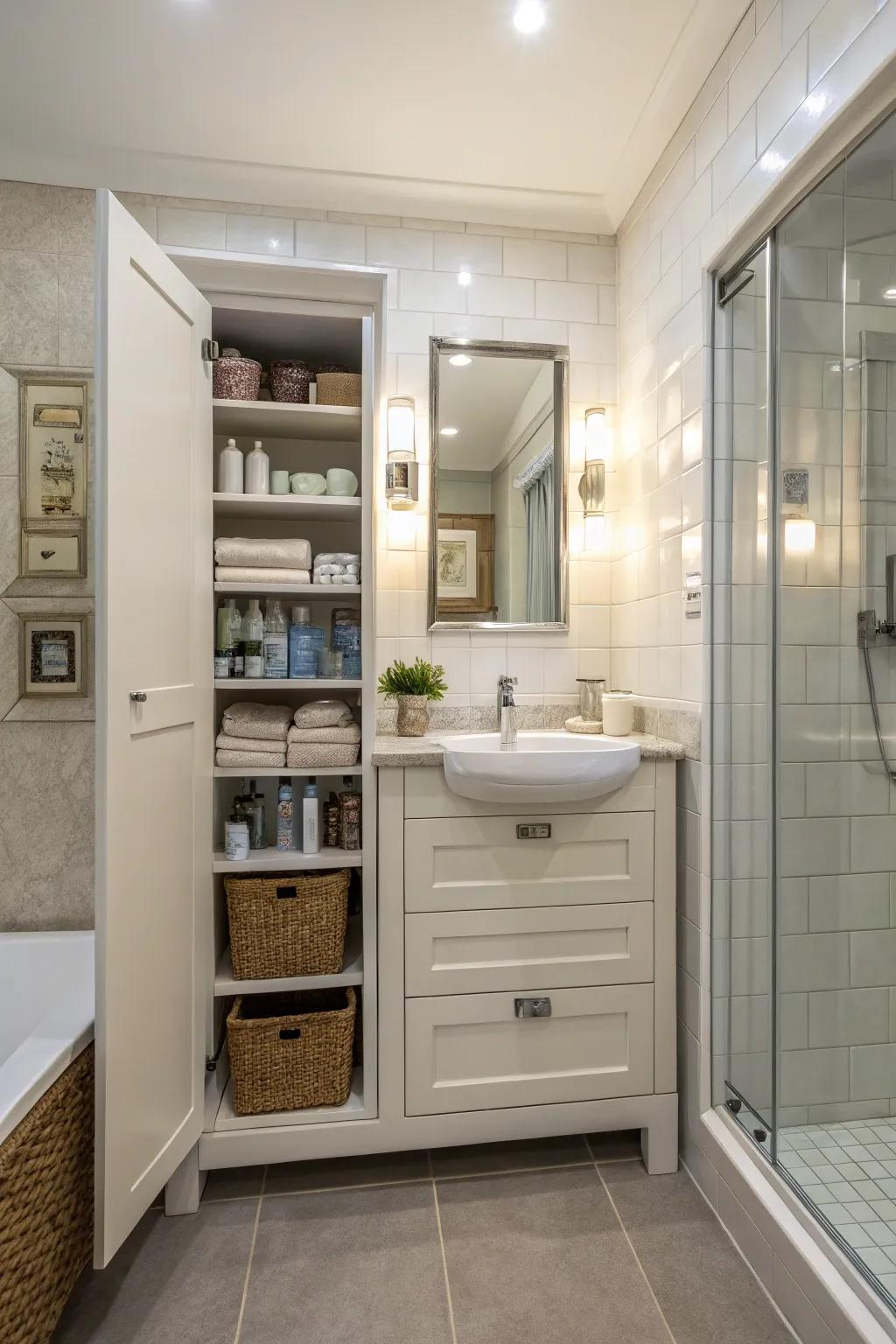 A recessed cabinet providing sleek storage in a contemporary bathroom.