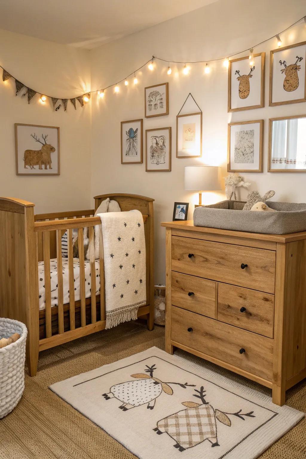 Wooden furniture creates a timeless and cozy base for your nursery design.