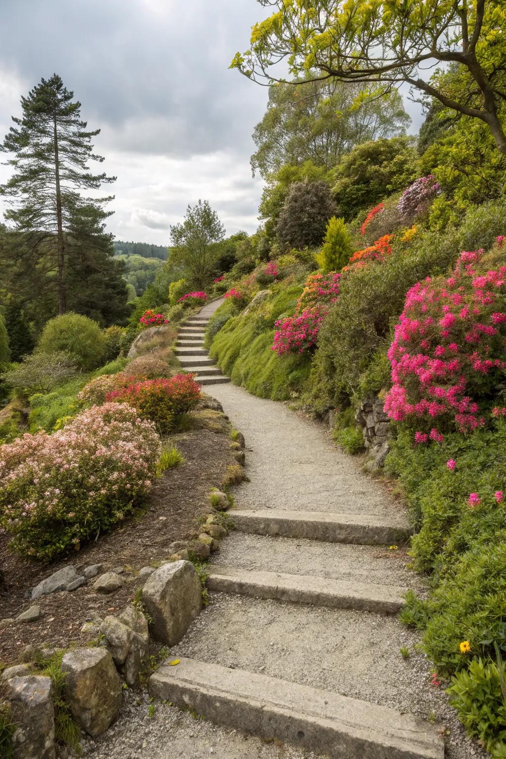 Gravel and stone pathways add charm and ease of access to a sloped garden.