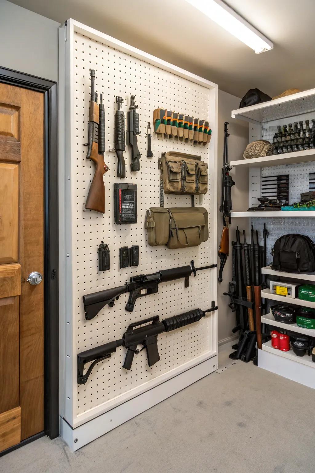 A pegboard is the ultimate in versatile storage for your armory.