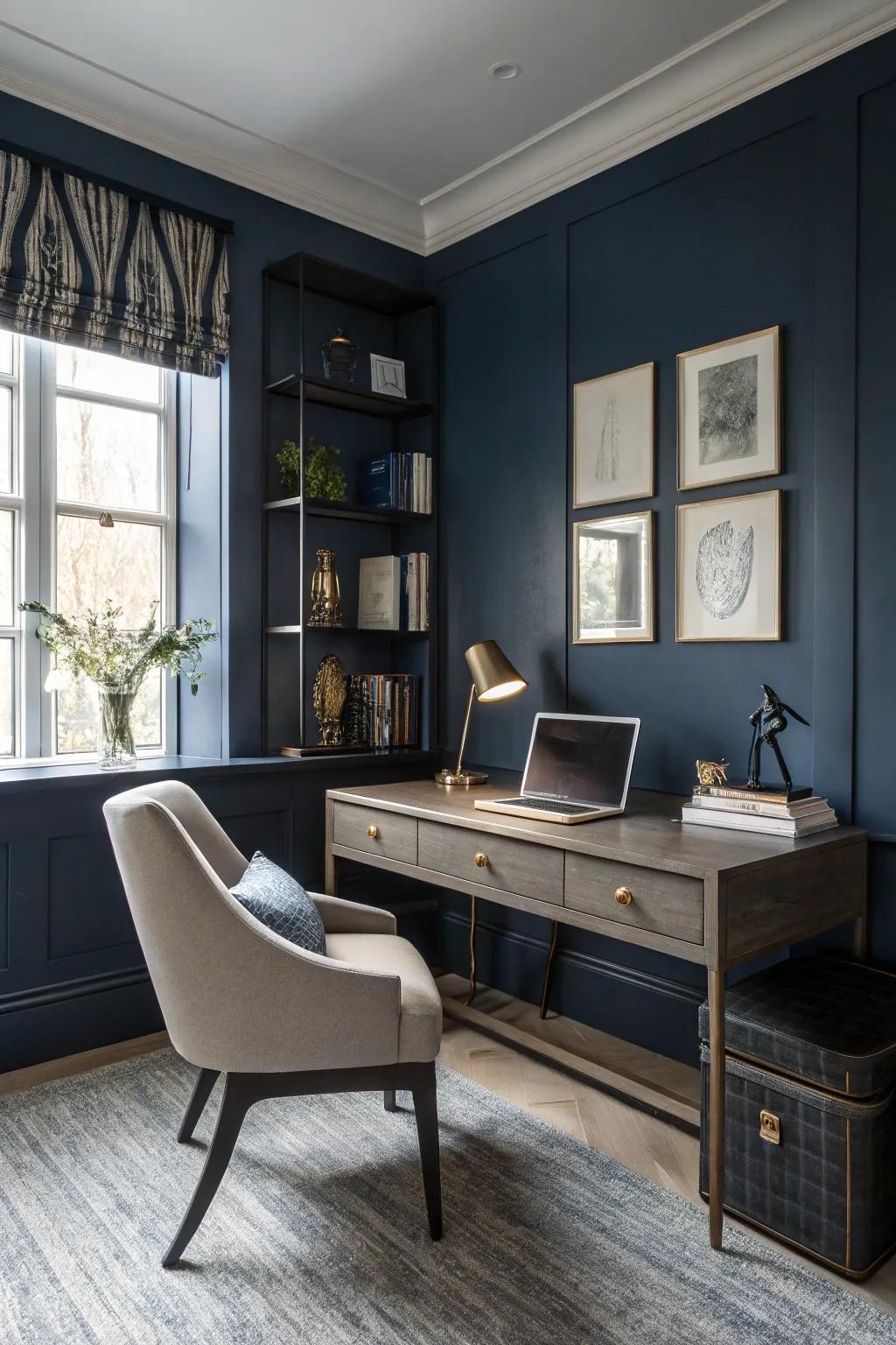 Navy blue walls add depth and sophistication to this home office.