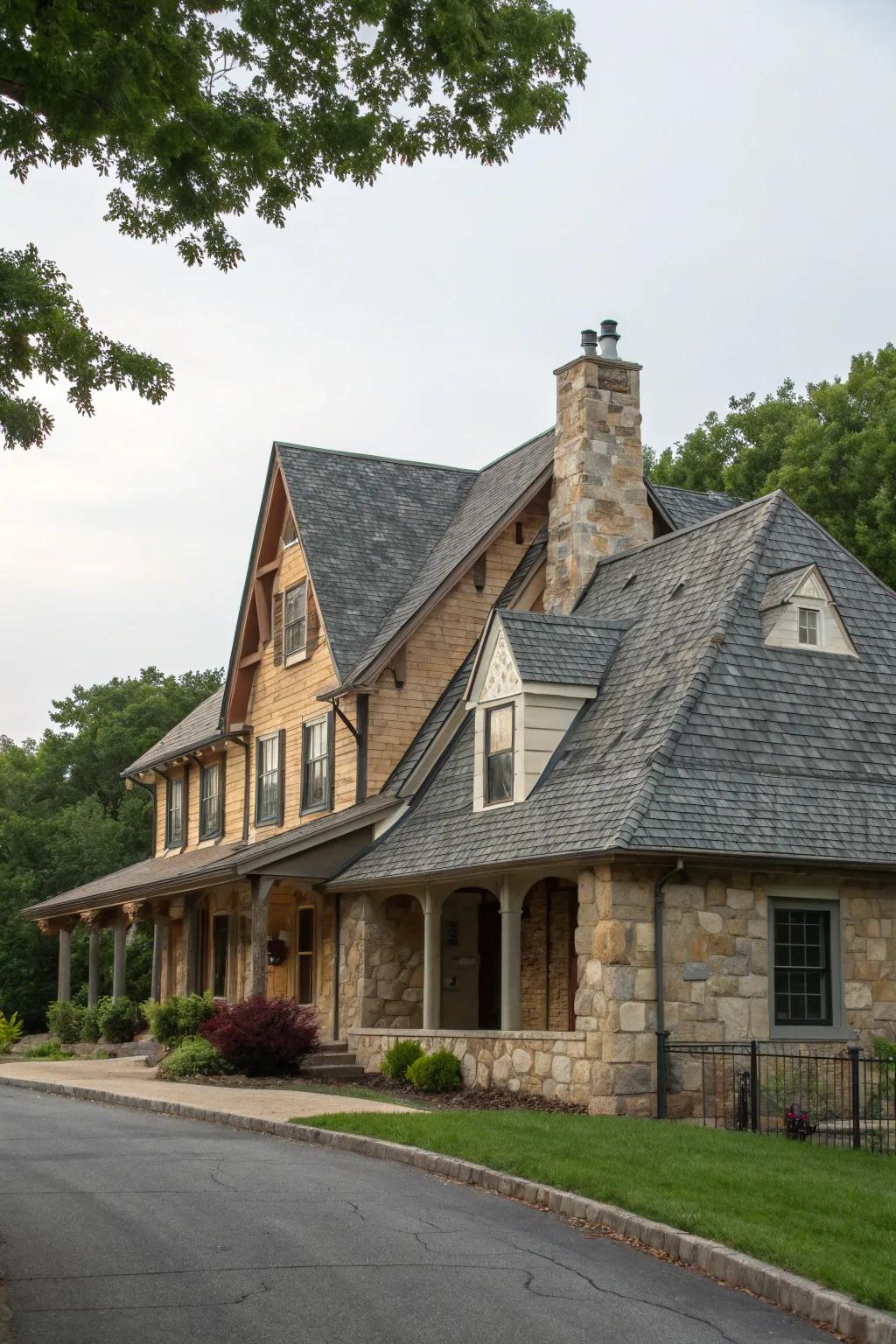 A charming house with stone and gabled roof design.