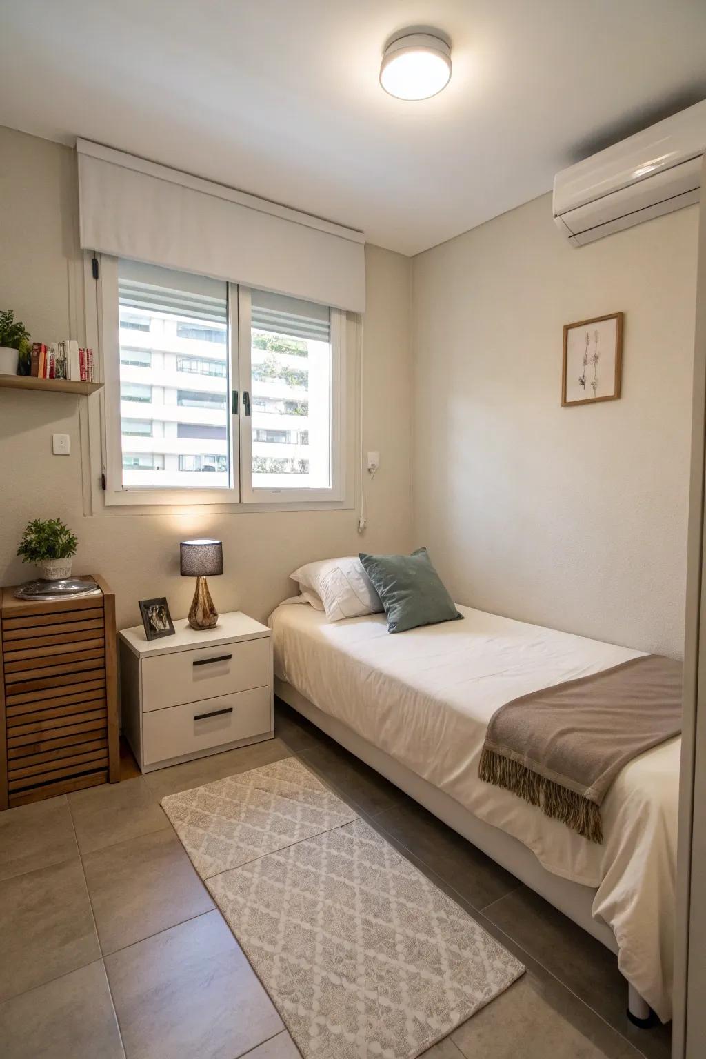 A minimalistic and uncluttered small bedroom that feels open and airy.