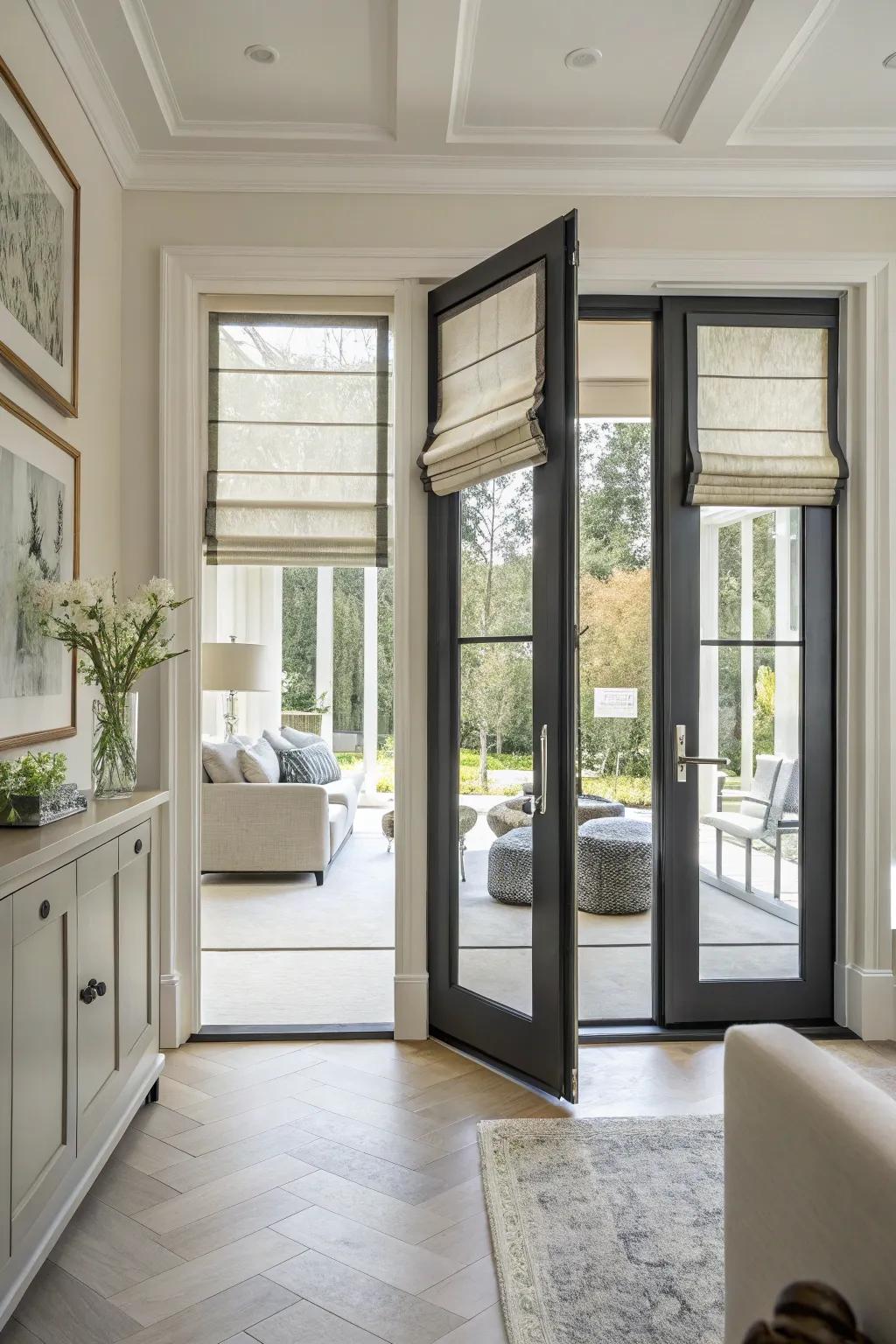 Roman shades provide a tailored and stylish look for French doors.