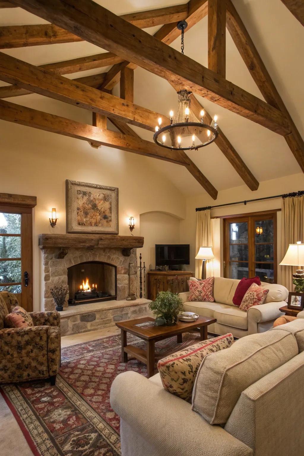 A cozy living room with rustic wood beams accentuating the ceiling.