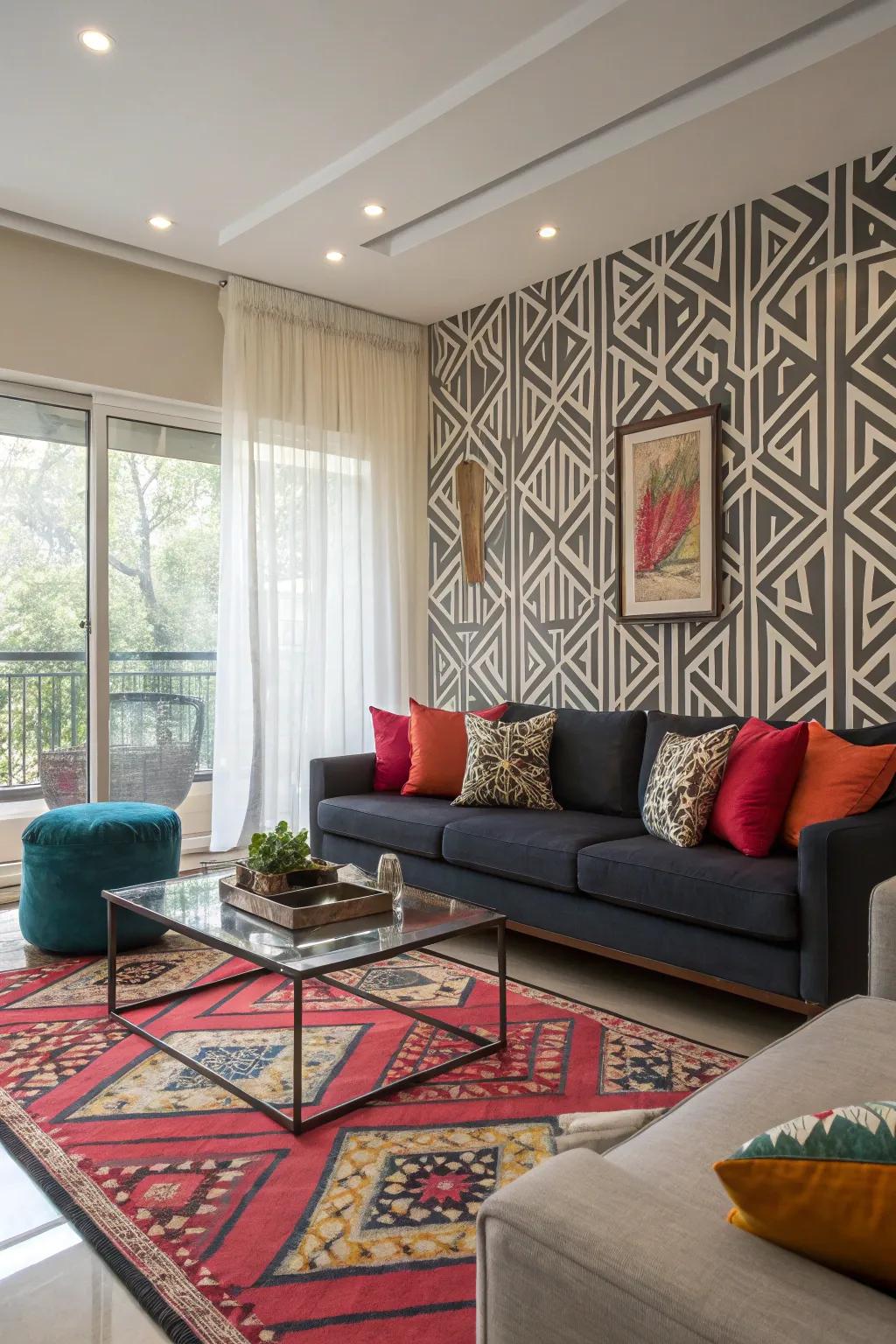 A striking geometric accent wall elevating the living room's design.