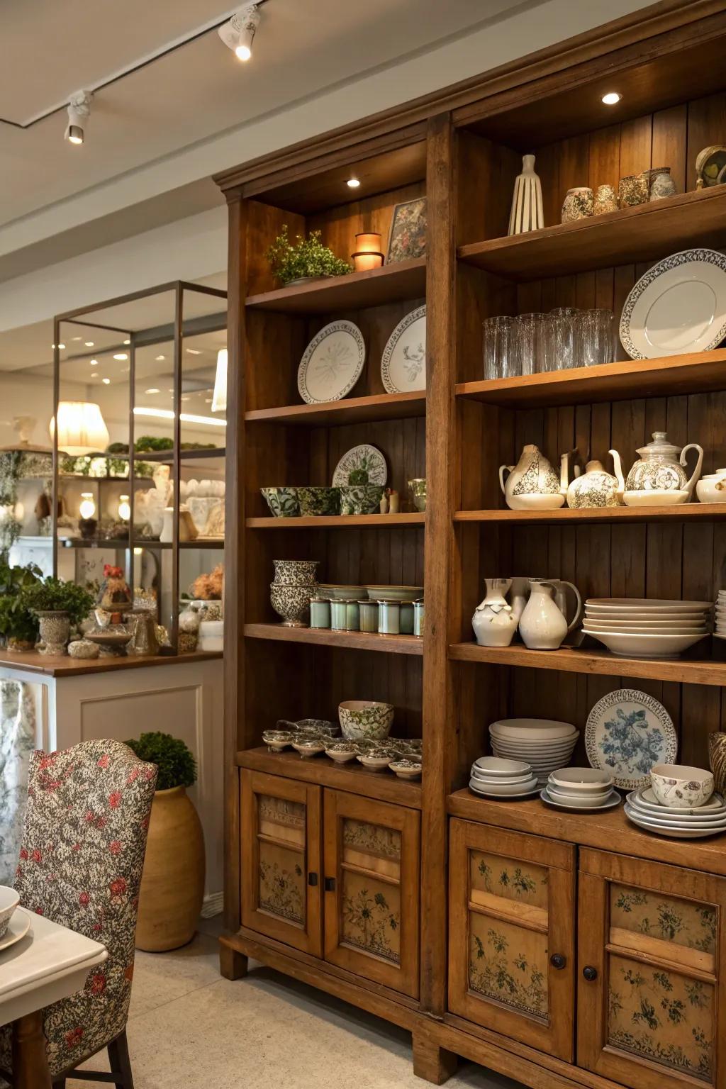 Open shelves displaying a beautifully arranged selection of china and decorative pieces.