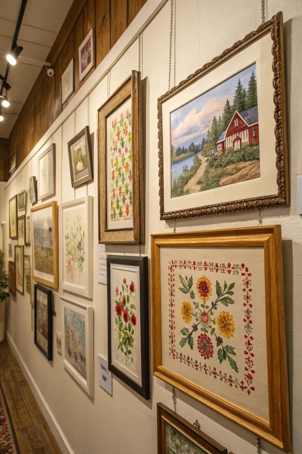 A gallery wall that mixes cross stitch with other art forms for a dynamic look