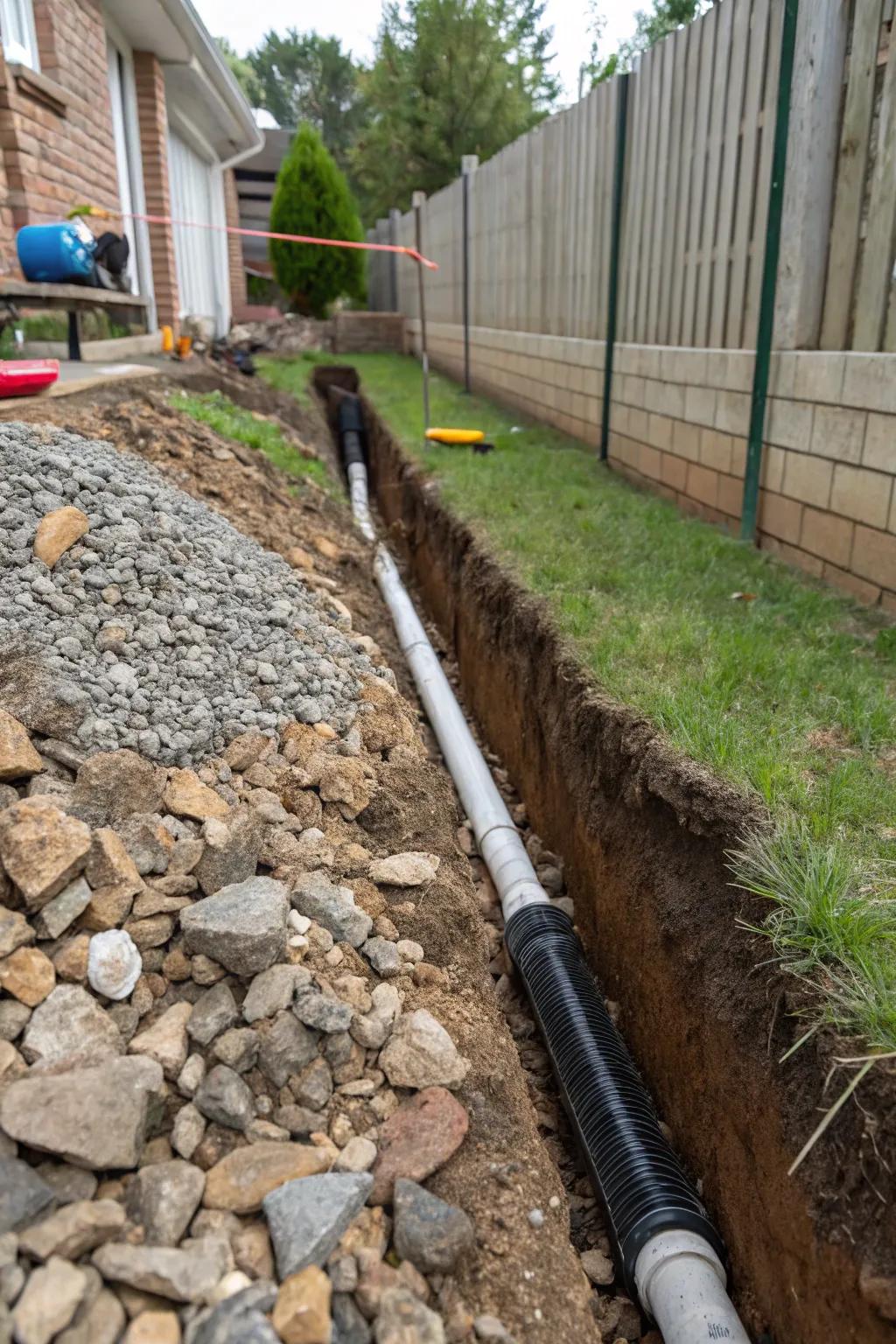 French drain system effectively channels water away from the house.