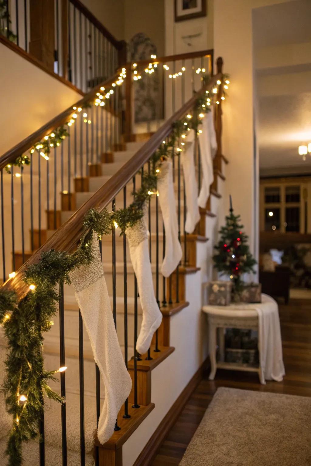 Stair railings offer a perfect backdrop for a festive display of stockings.