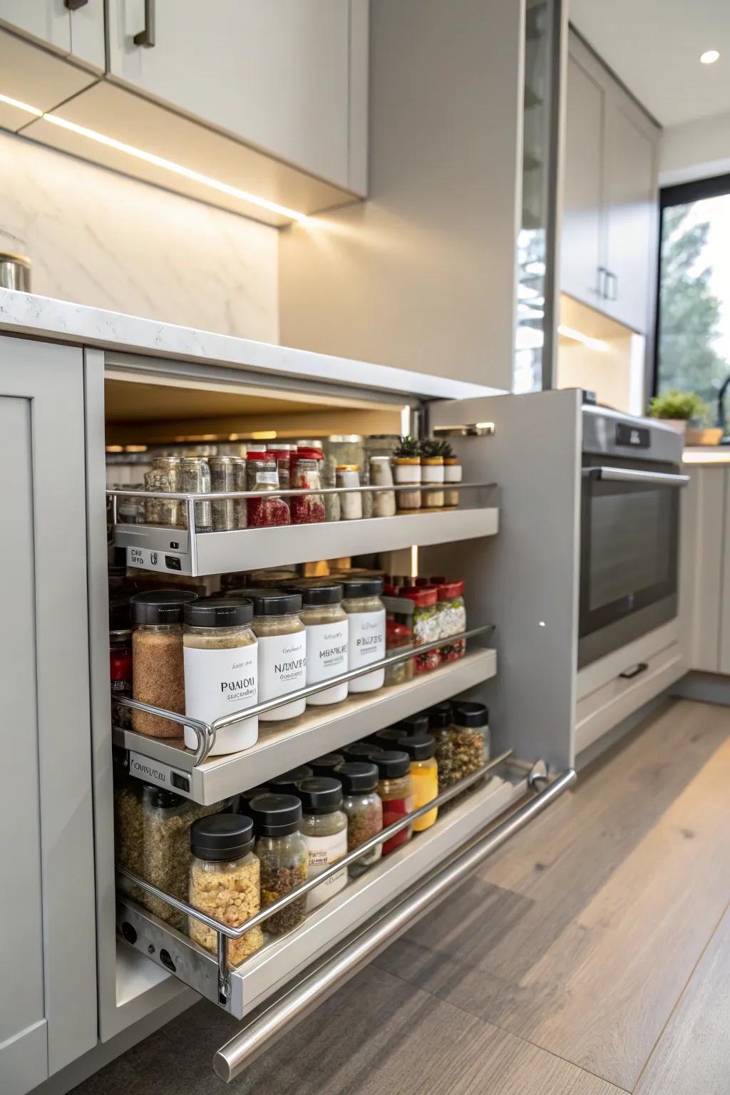 Pull-out racks make accessing your spices a breeze.