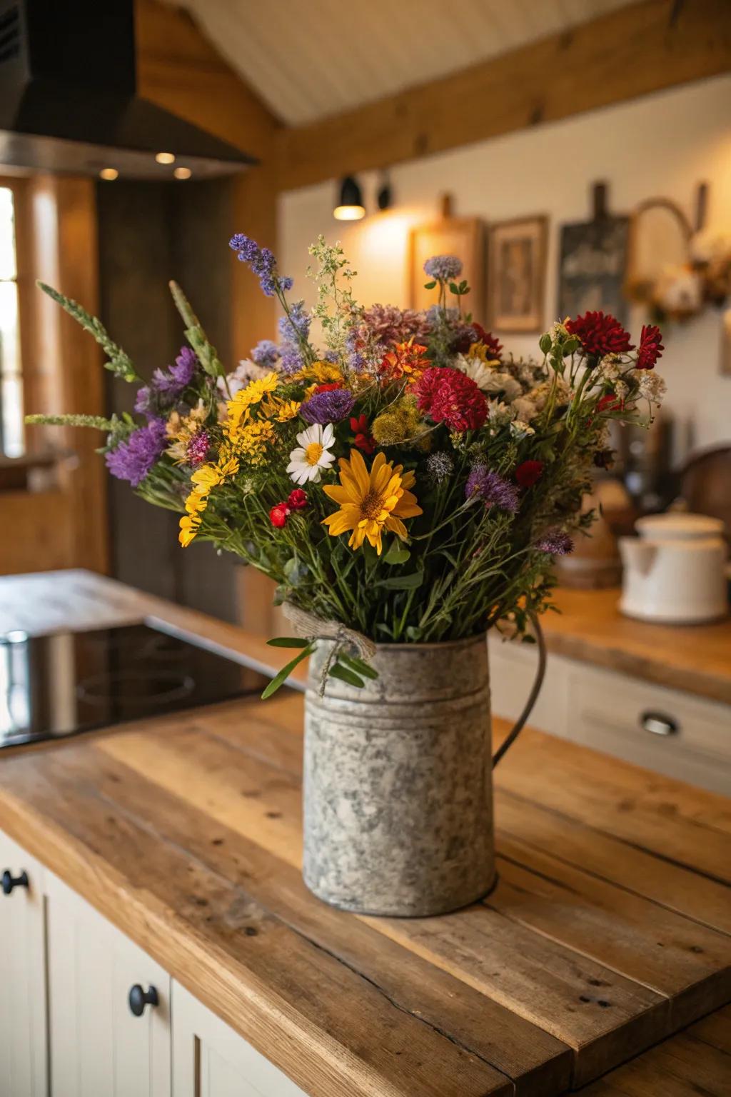 A rustic metal vase with a mix of vibrant wildflowers.