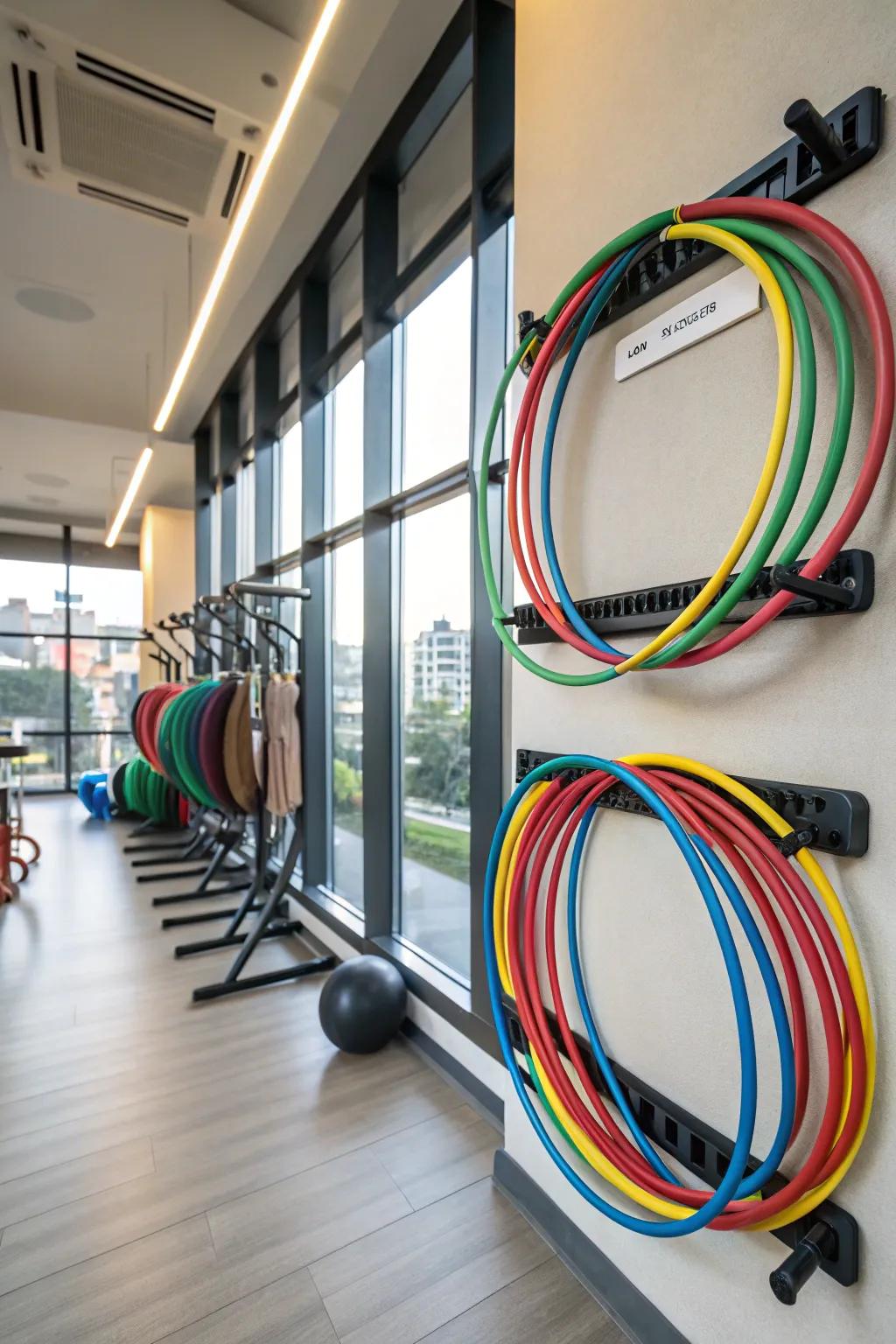 Hula hoops neatly displayed on wall brackets, adding a playful touch to a home gym setting.