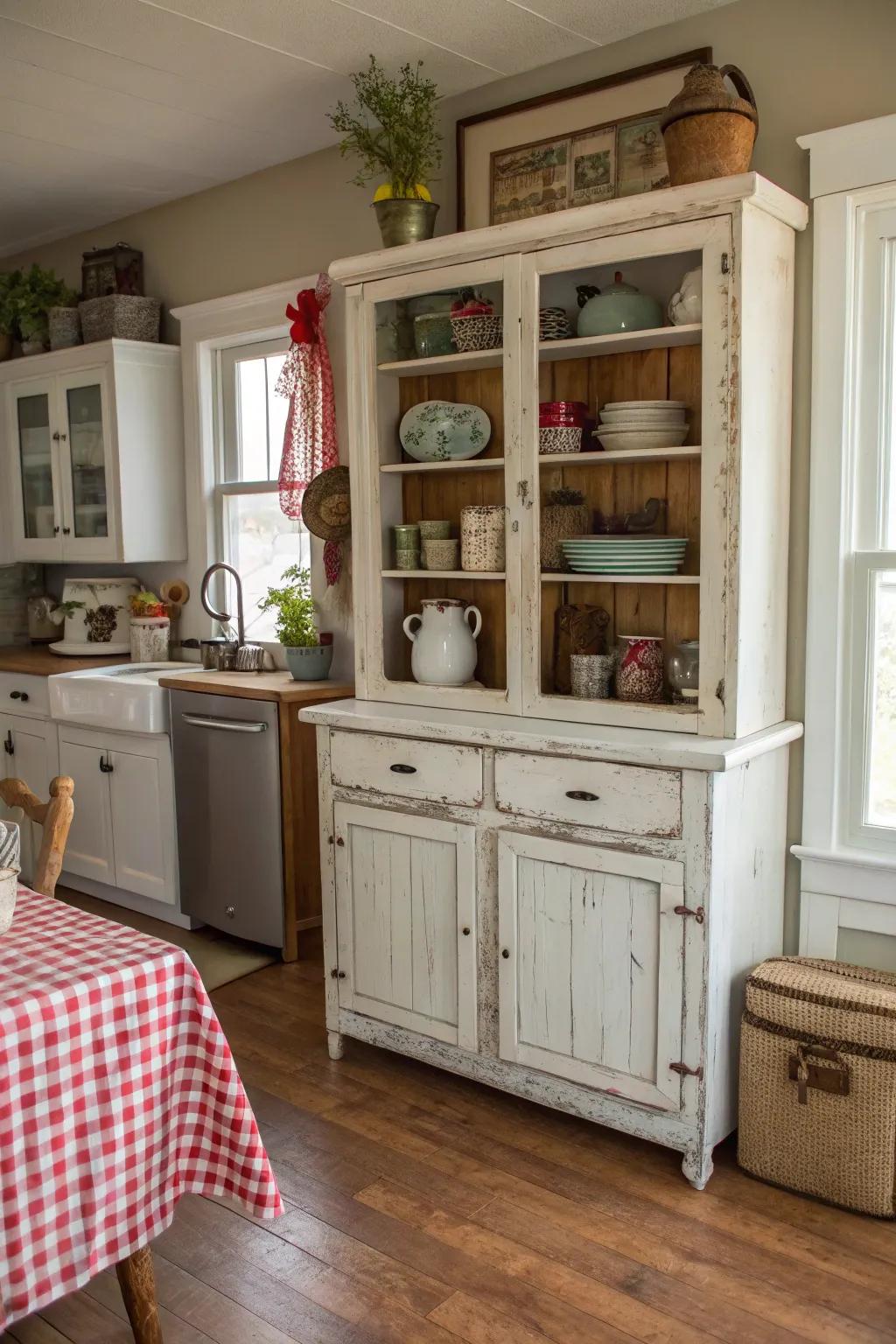 A charming farmhouse hutch brings warmth to the kitchen.