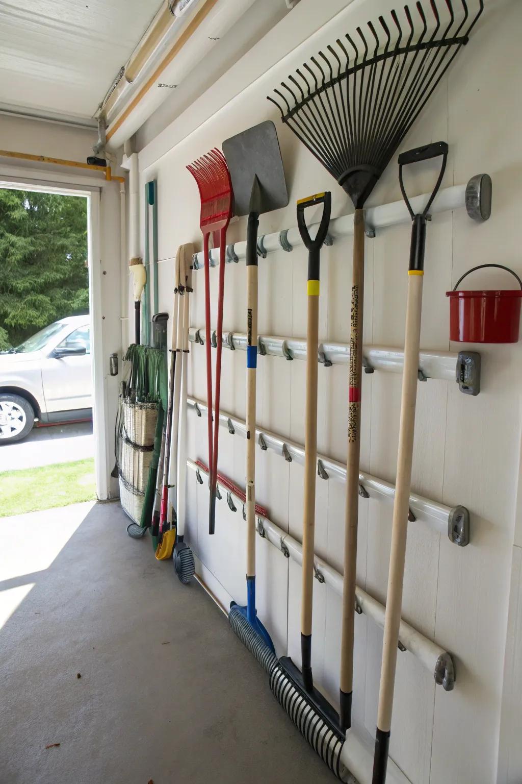 PVC pipes offer a creative and tidy storage solution for long-handled tools.