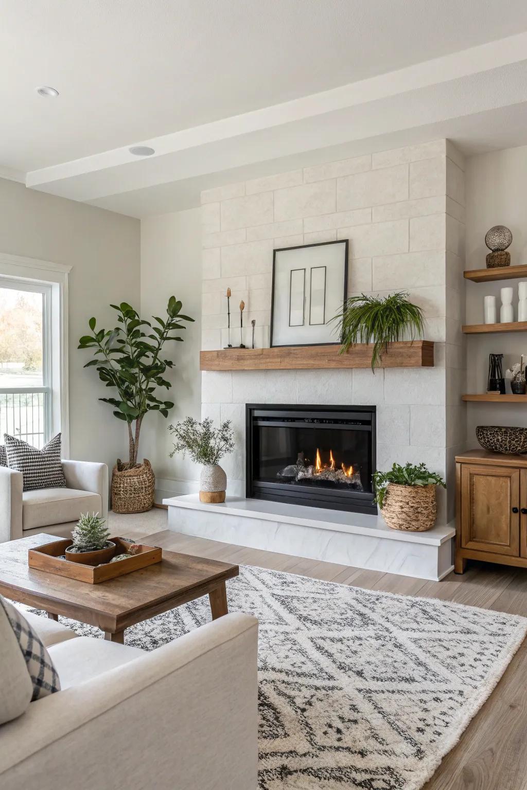 A minimalist living room featuring a sleek modern fireplace with a neutral palette.