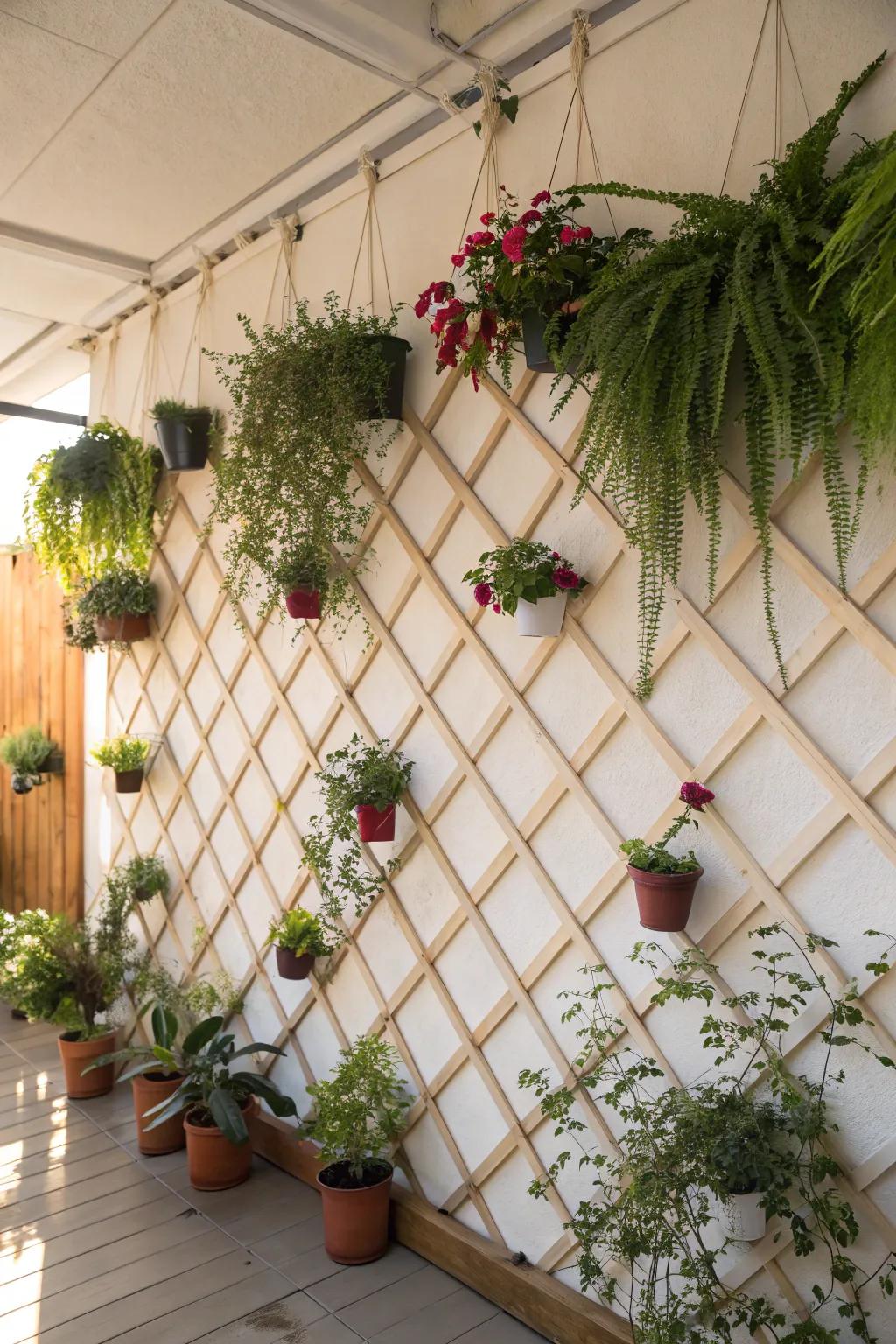 Vertical garden on a lattice wall, perfect for plant enthusiasts.