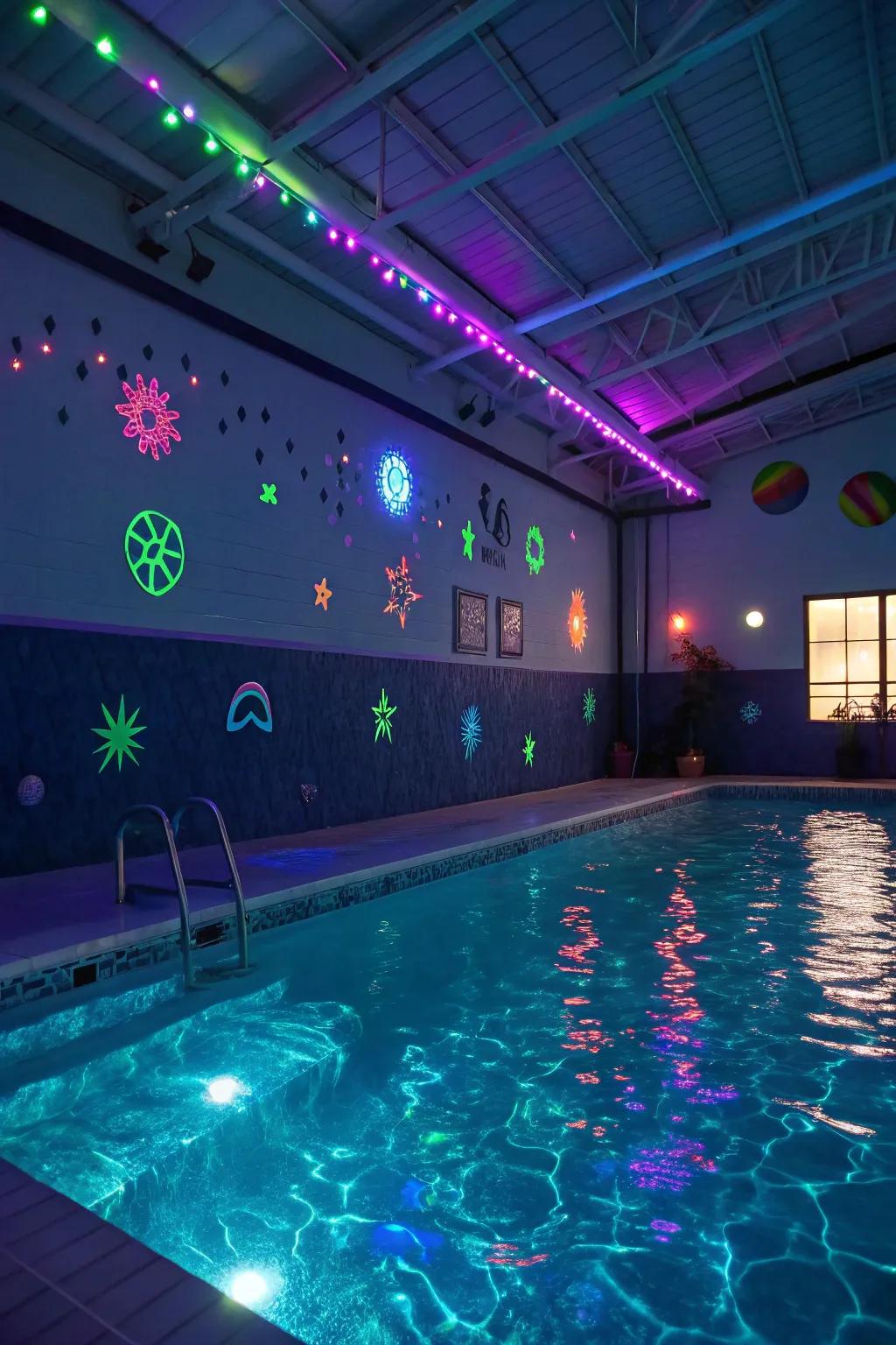 Illuminate your pool party with vibrant neon lights and glow-in-the-dark accents.