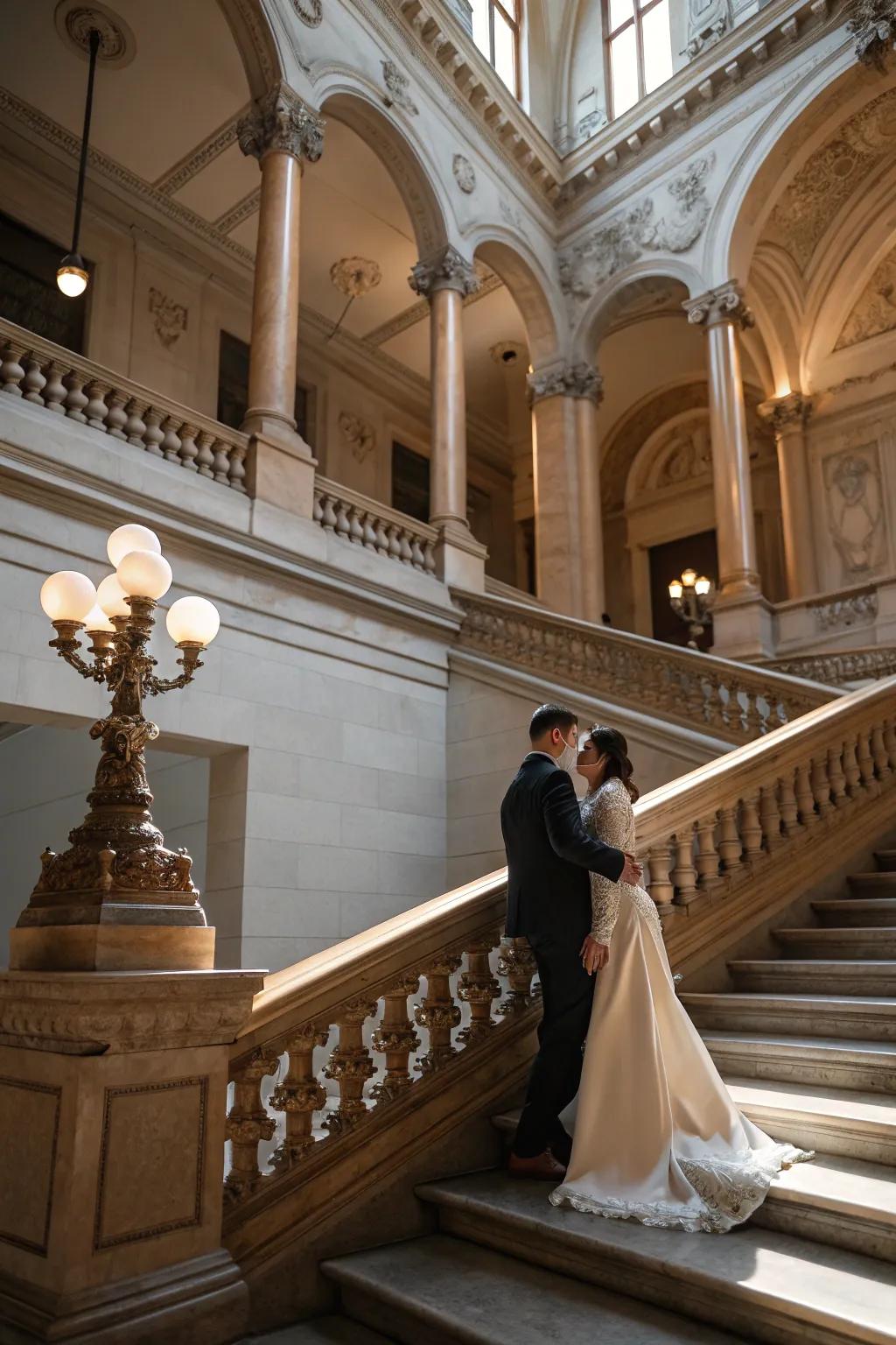 Grand staircases bring elegance to indoor wedding photos.