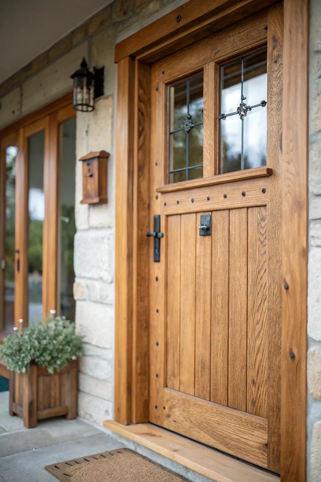 Natural wood accents provide a warm and rustic feel to this entrance.