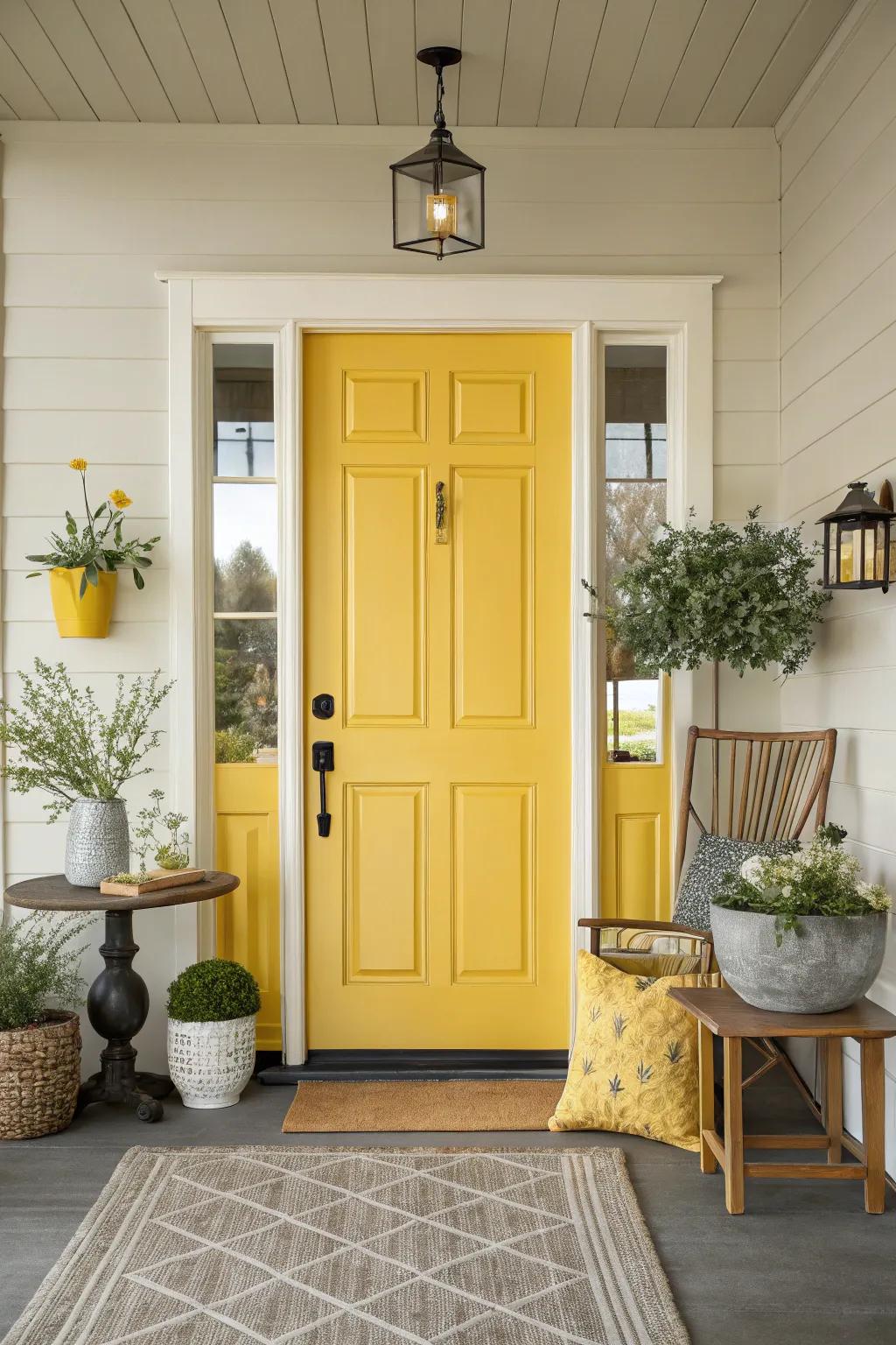 A bright yellow door creating a cheerful entryway.