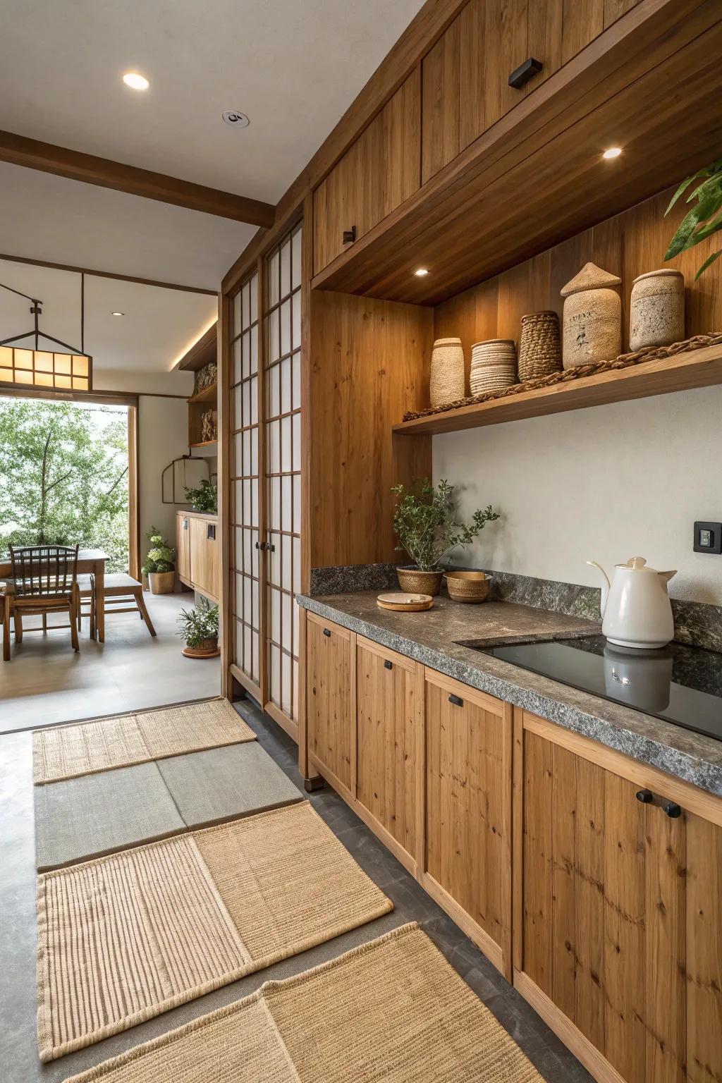 Natural materials bring nature indoors in a Japanese kitchen.