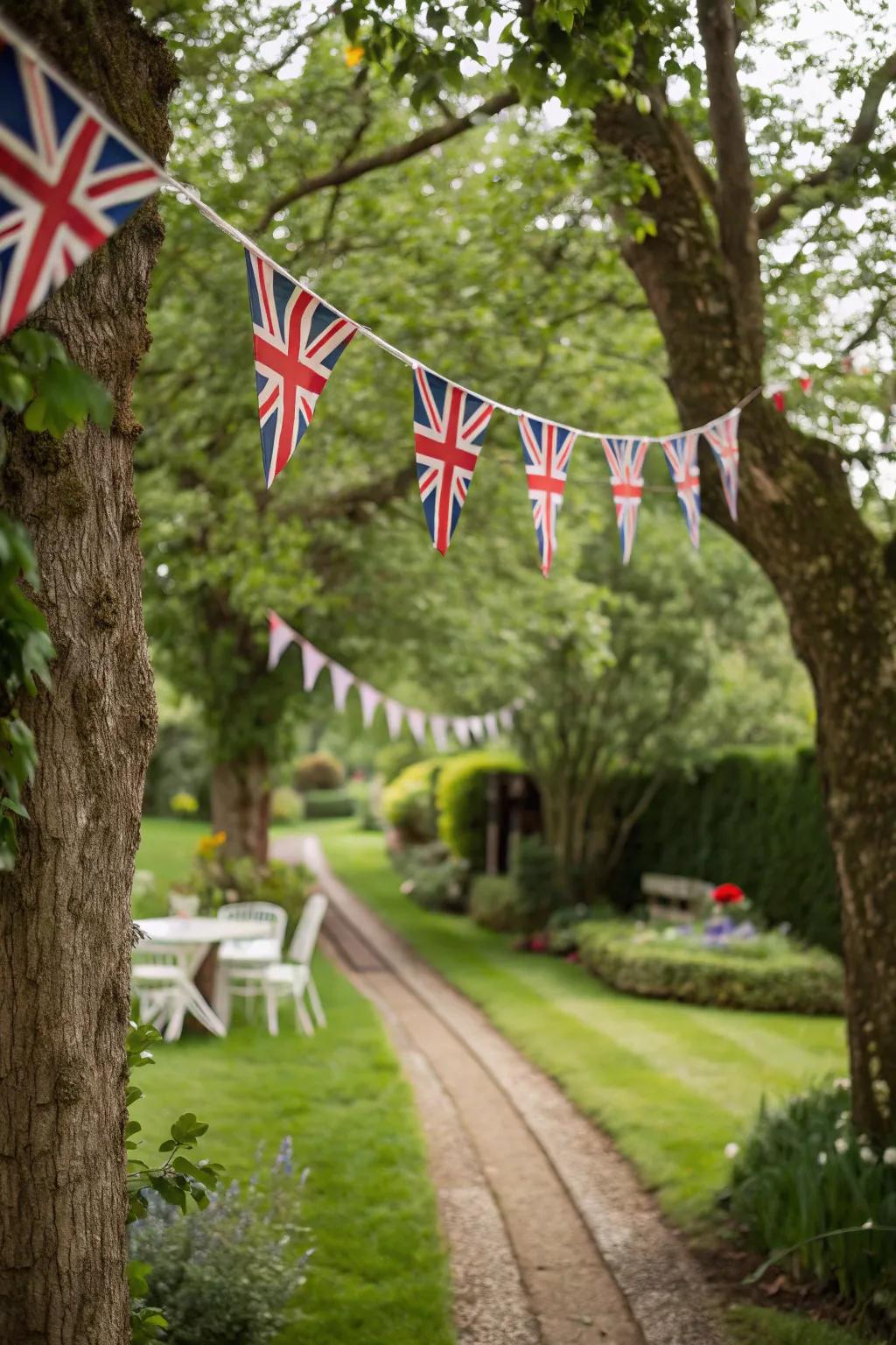 Union Jack bunting adds a festive touch to a garden setting.