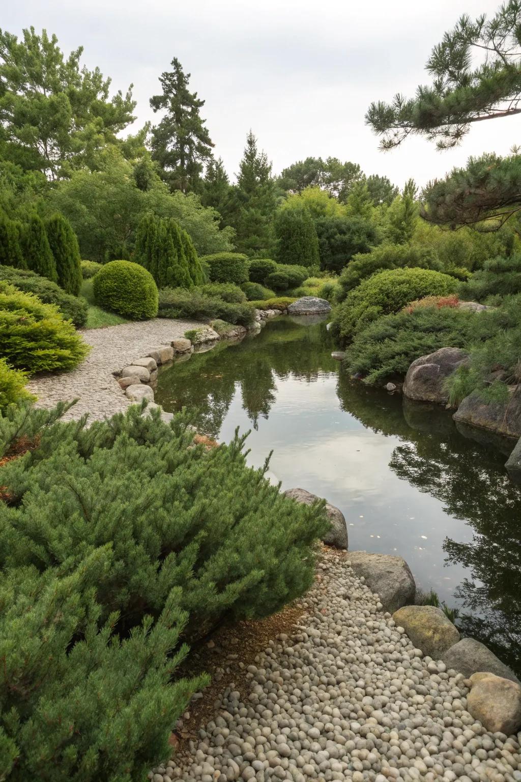 Pond elegantly framed by junipers