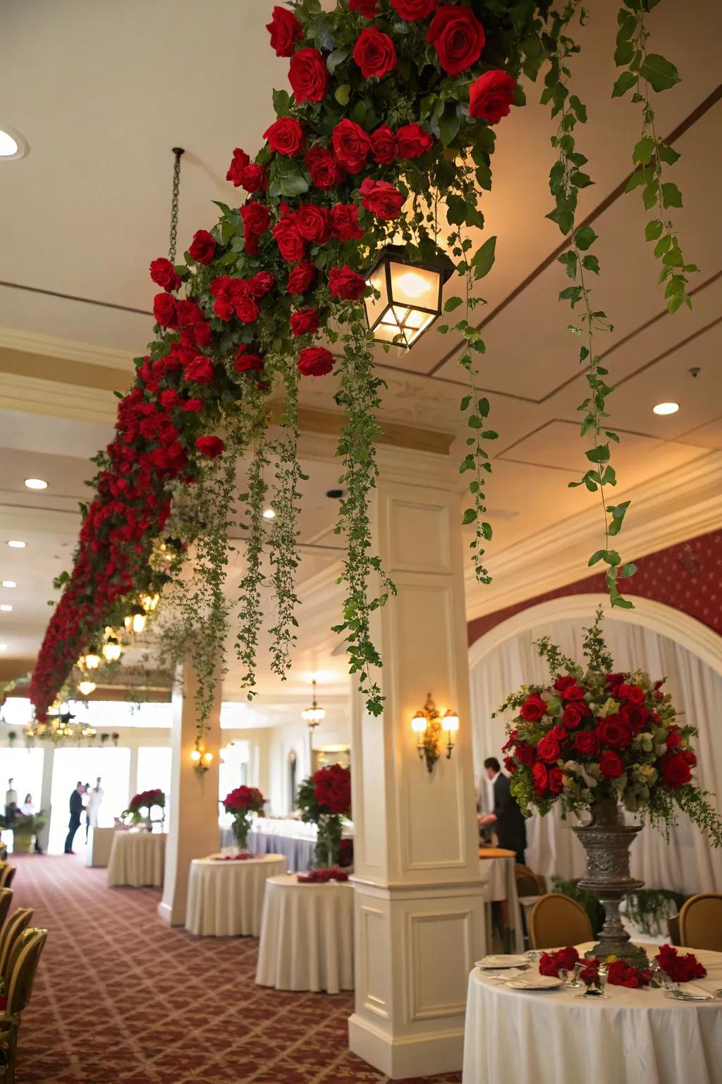 Stunning red rose garlands draped elegantly for a Derby-themed decor.