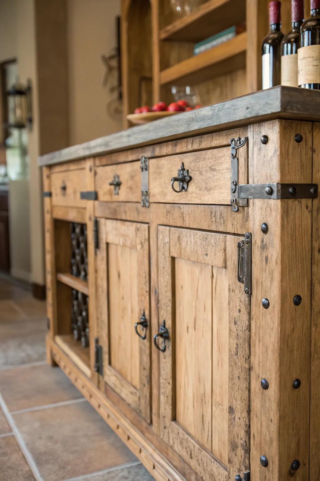 A rustic bar cabinet bringing warmth to the kitchen.