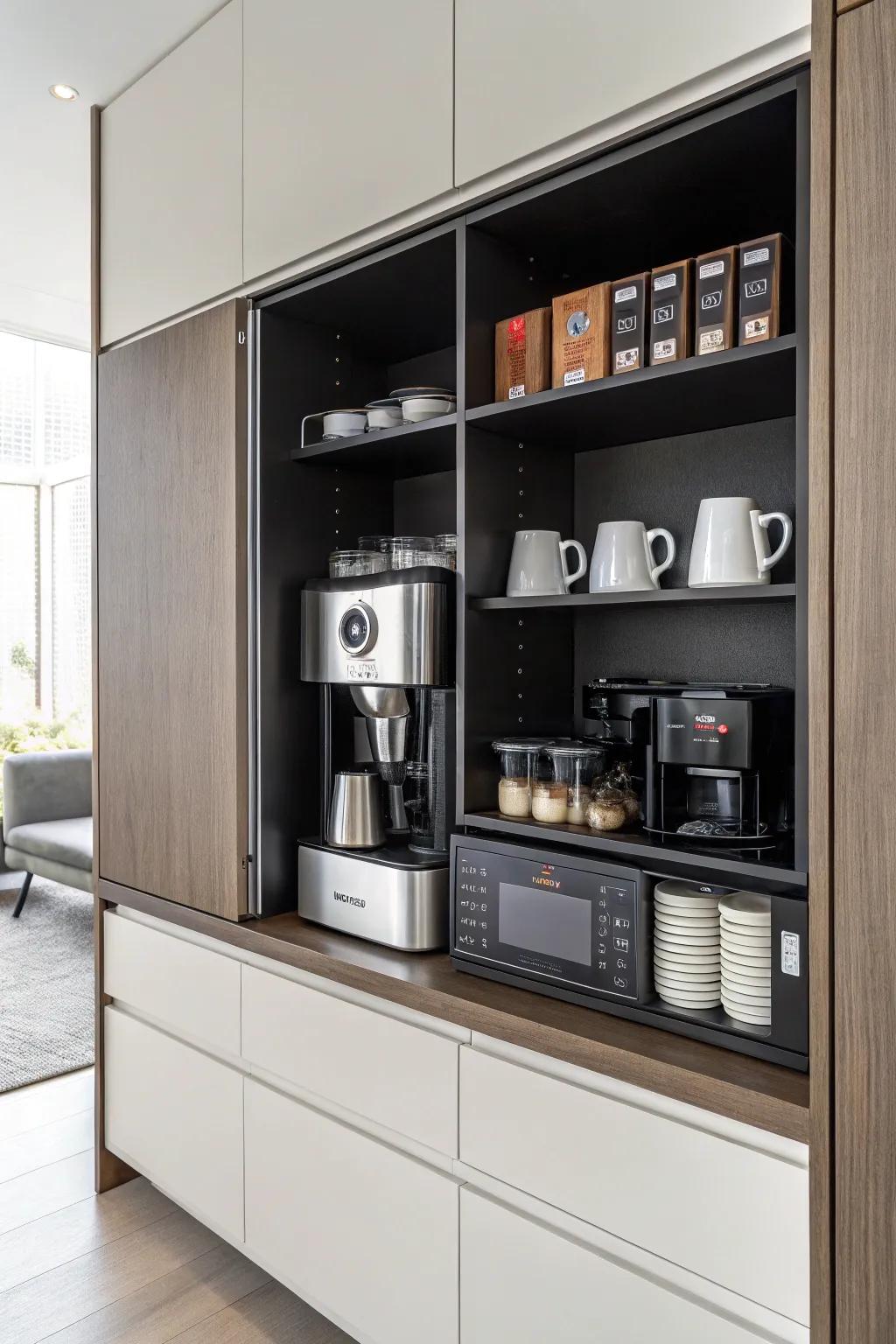 Custom cabinetry can transform your coffee bar into an organized haven.