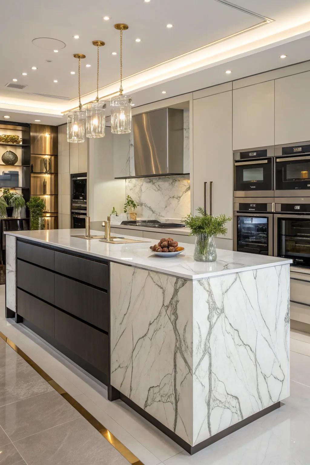 A marble back panel elevates this kitchen island, offering a sophisticated and timeless appeal.