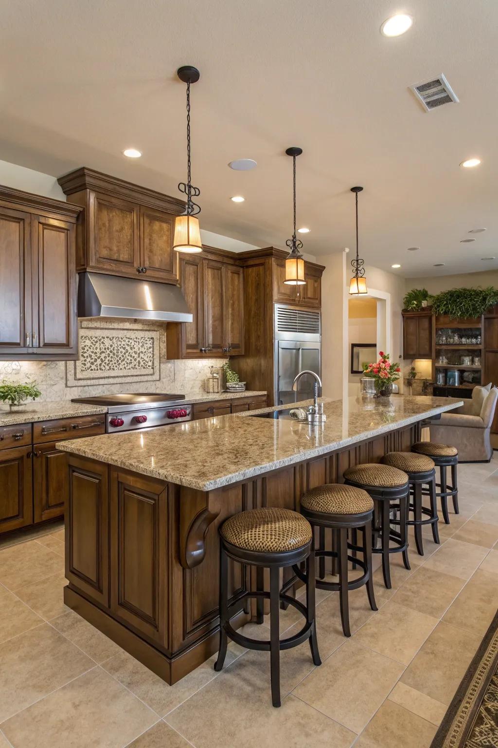 A kitchen featuring a spacious island with bar seating for socializing.