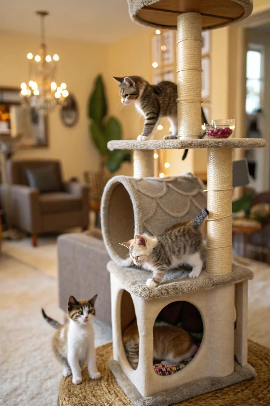 An engaging cat condo providing vertical adventures for playful kittens.