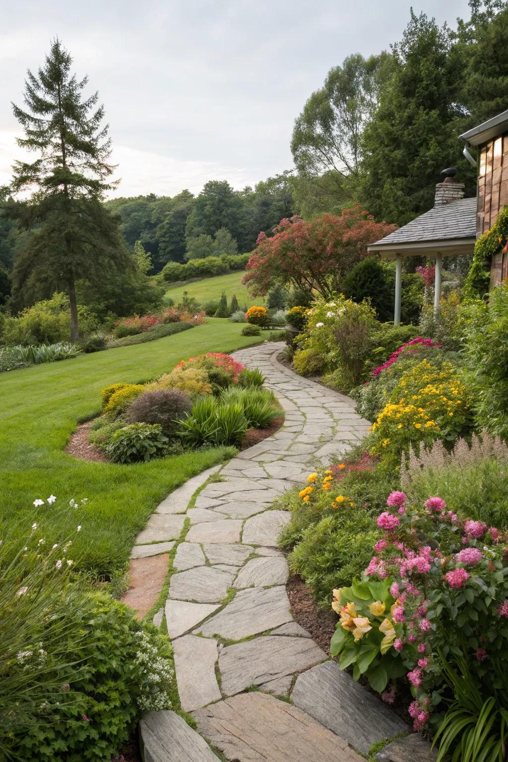 A winding stone pathway provides a welcoming route to the front door.