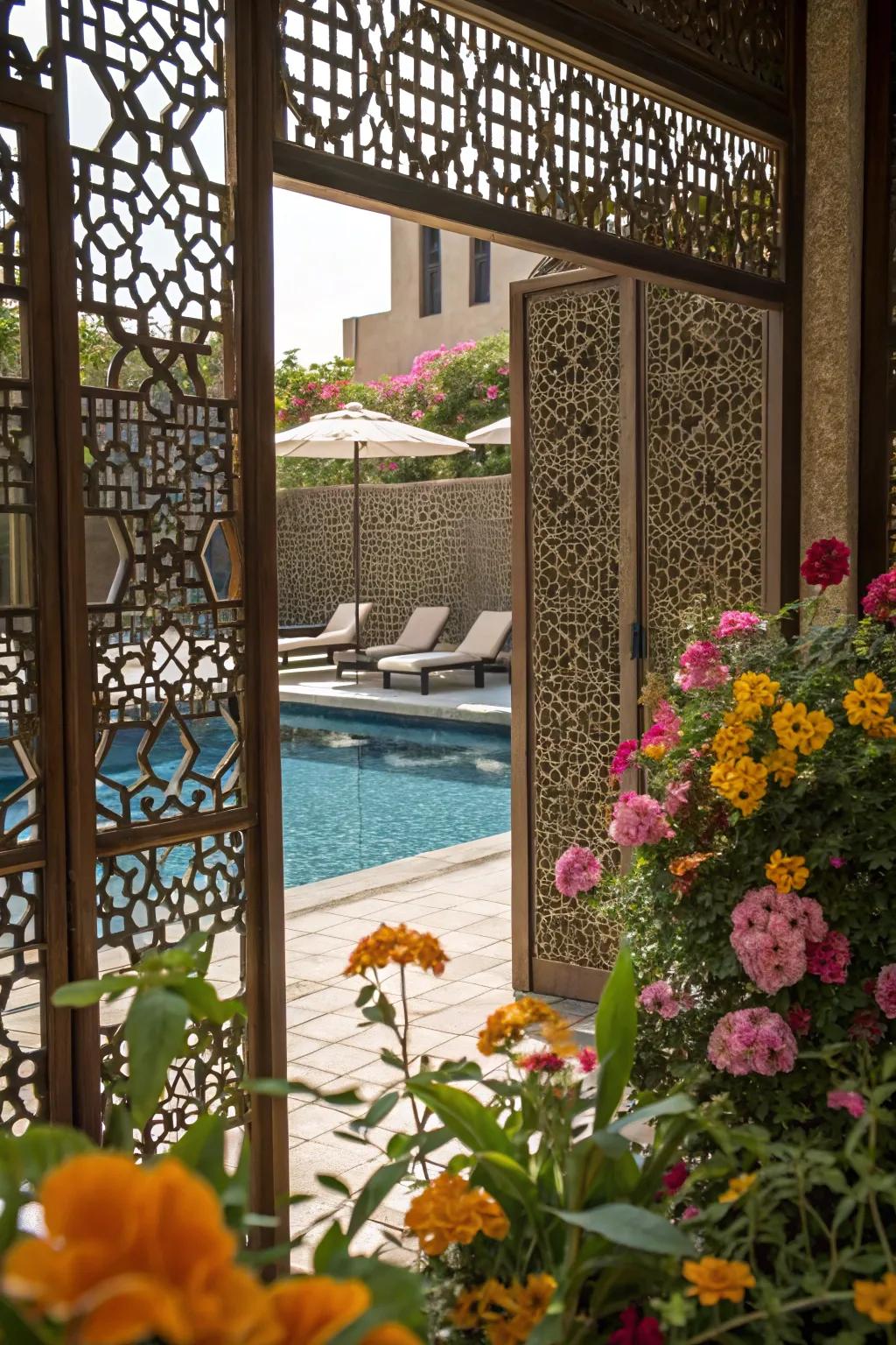 Decorative screens provide a stylish solution to hide pool equipment while adding visual interest.