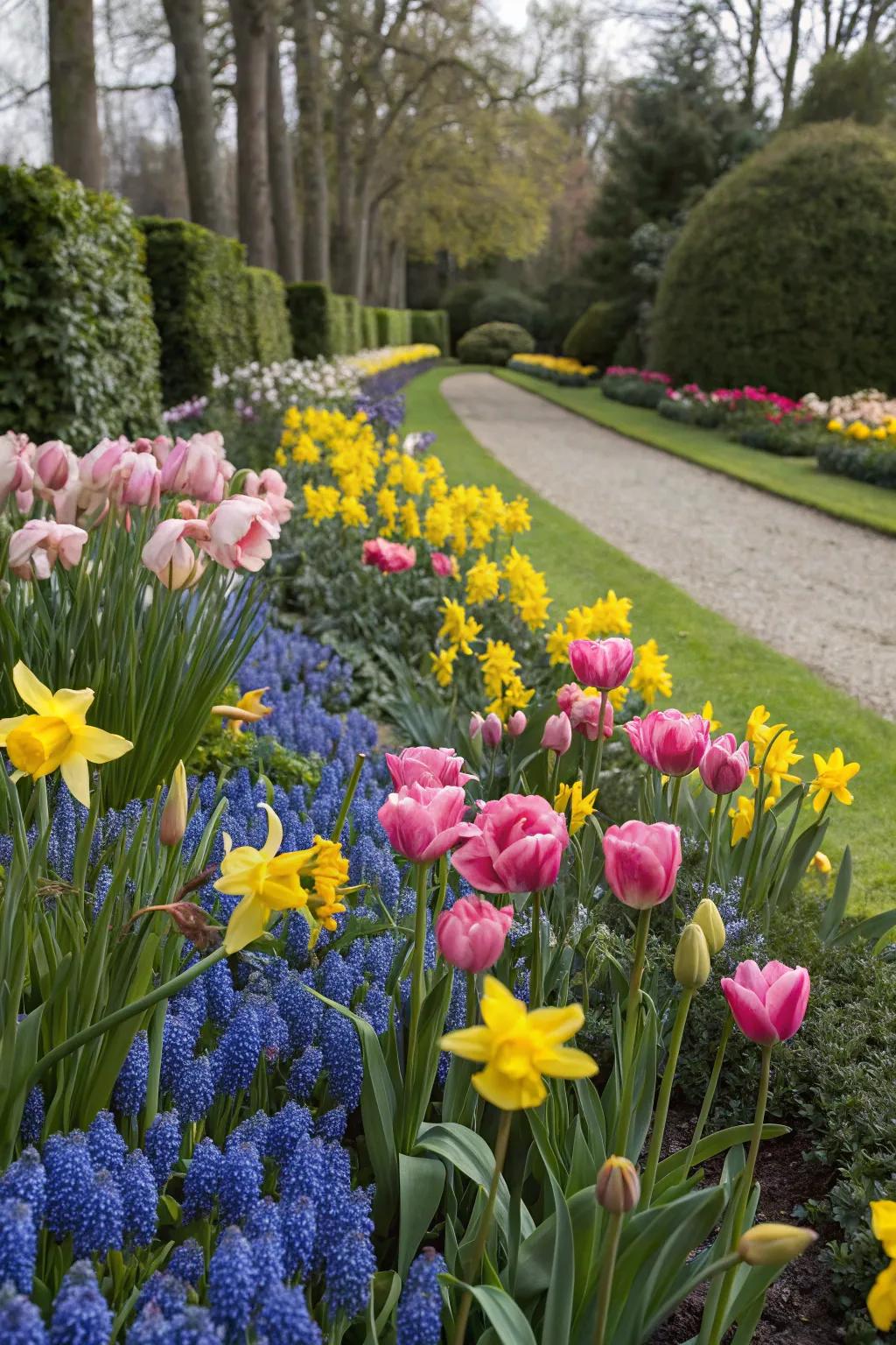 A colorful garden mix featuring tulips, daffodils, and hyacinths for a vibrant spring display.