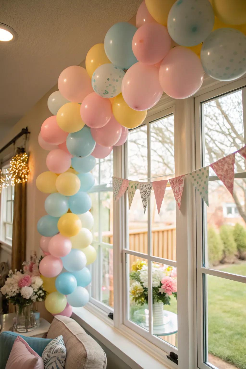 A stunning pastel balloon garland decorates a window, creating a festive atmosphere.