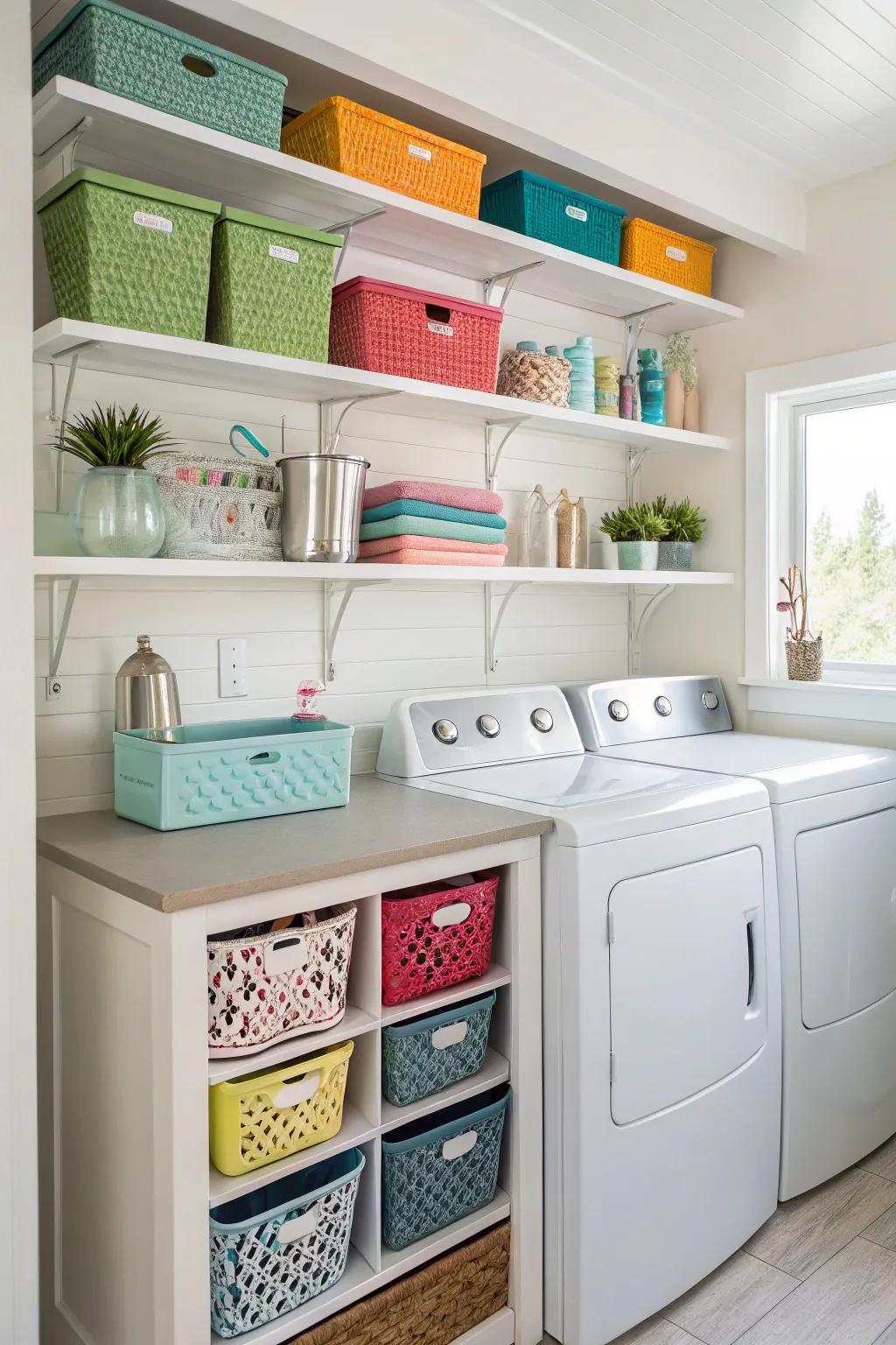 Open shelves provide accessible storage and a decorative element.