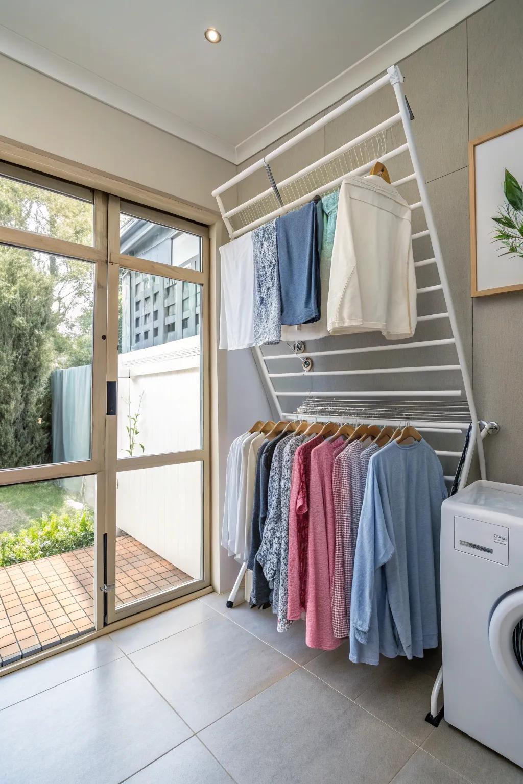 Retractable drying racks save space and keep clothes wrinkle-free.