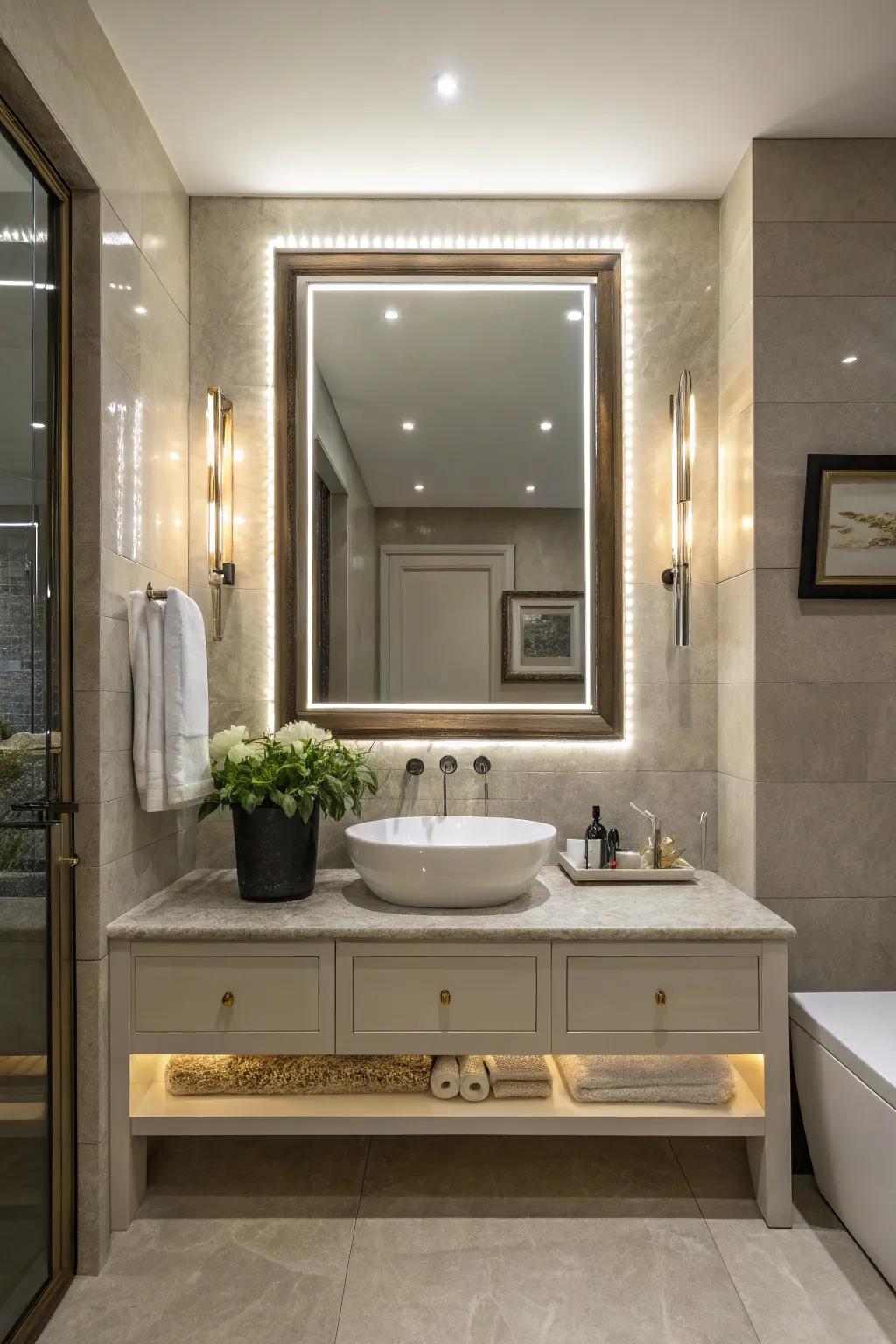 A framed LED mirror that elevates the elegance of the bathroom space.